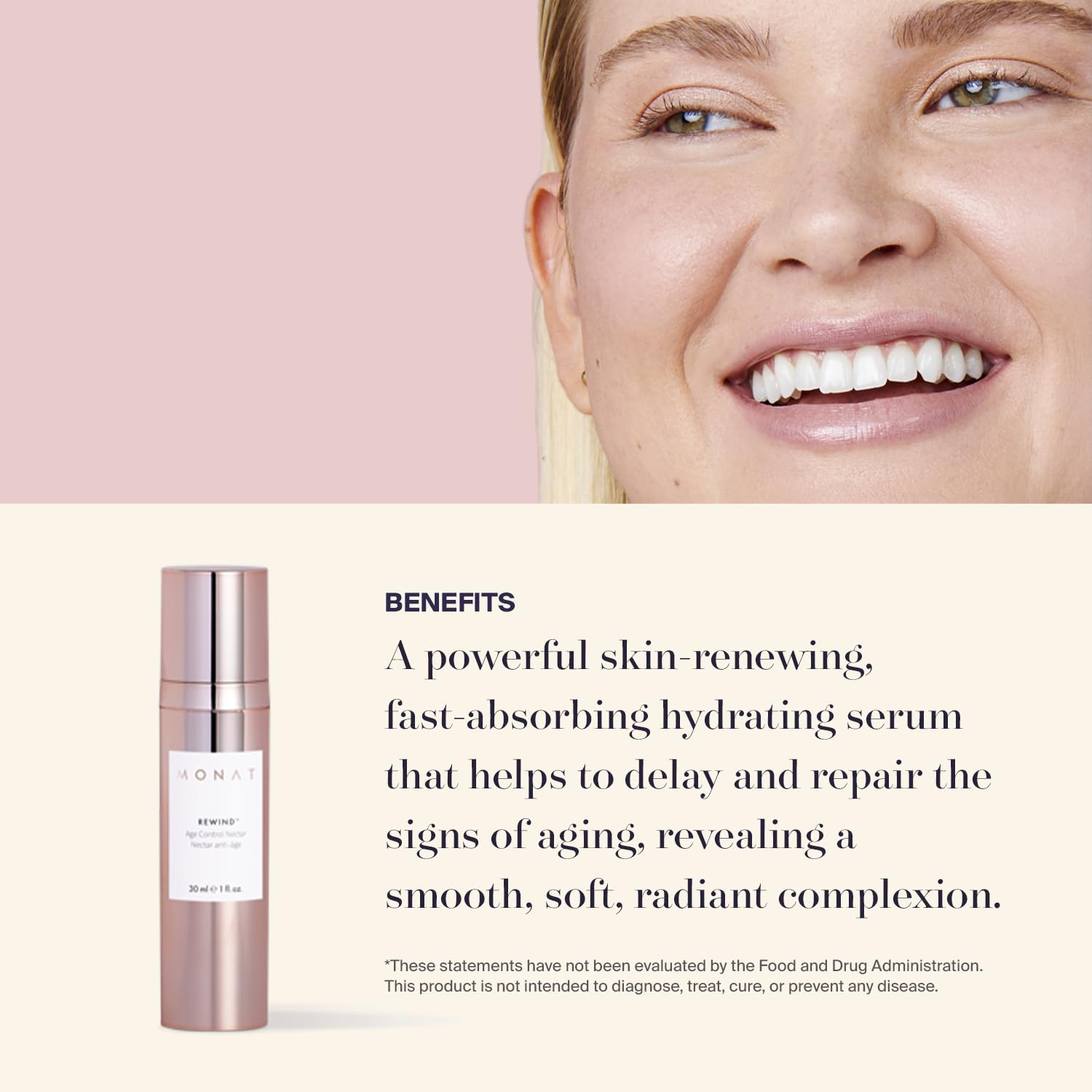 MONAT Rewind Age Control Nectar - Fast Absorbing Hydrating Face Serum with Hyaluronic Acid & Natural AHA | Anti-Aging Skin Perfecting Treatment | Corrects Fine Lines & Wrinkles | 30ml/1 fl oz | Perfect for Daily Skincare Routine & Nighttime Anti-Aging Regimen