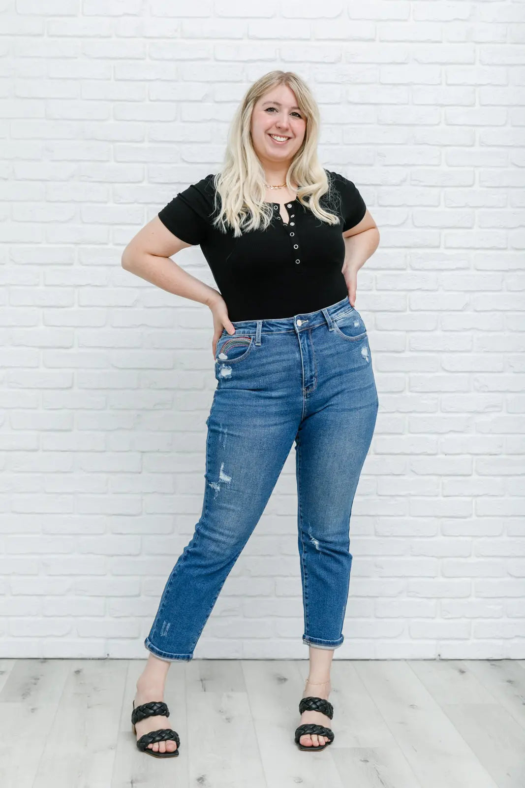 Hi Rise Rainbow Embroidery Cropped Straight Leg Jeans for Women | Trendy High Waisted Denim Pants with Colorful Stitching | Perfect for Casual Outfits, Street Style & Summer Fashion