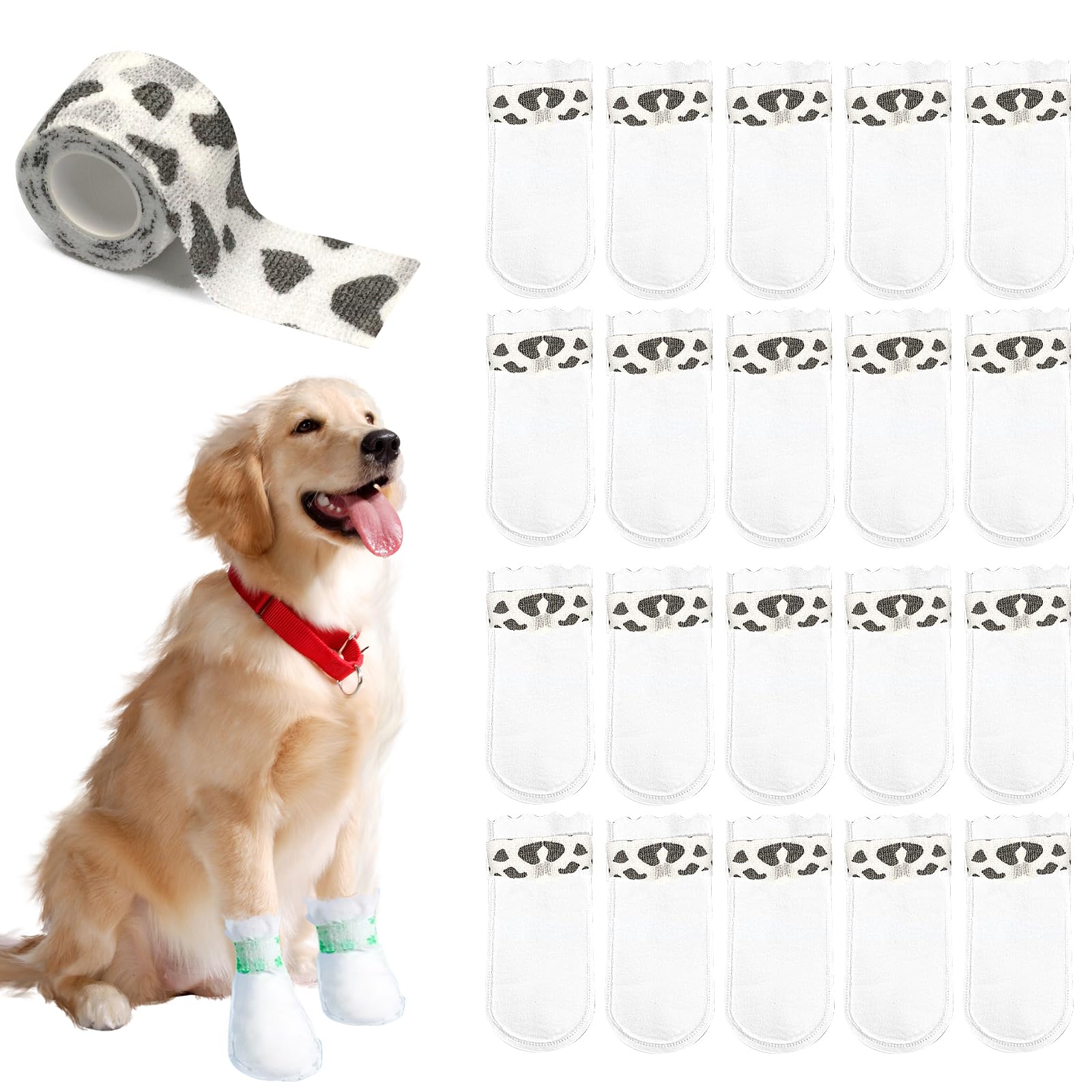 20 Pack Disposable Dog Booties for Paw Protection - Waterproof Dog Shoes for Medium & Large Dogs - Pet Foot Covers for Wound Recovery & Outdoor Use - Includes 1 Roll Dog Paw Bandage (Cow Print) - Perfect for Hiking, Snow, Hot Pavement & Post-Surgery Care