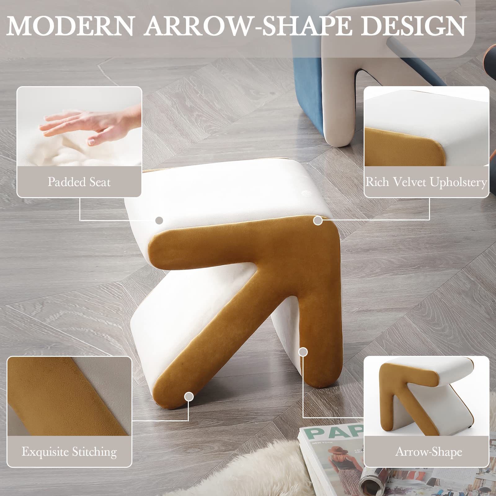 LETESA Modern Velvet Upholstered Ottoman - Small End Table & Soft Foot Stool with S-Shape Design, Dressing Makeup Chair for Living Room, Bedroom & Entryway (Beige, Arrow) | Perfect for Lounging, Footrest & Extra Seating