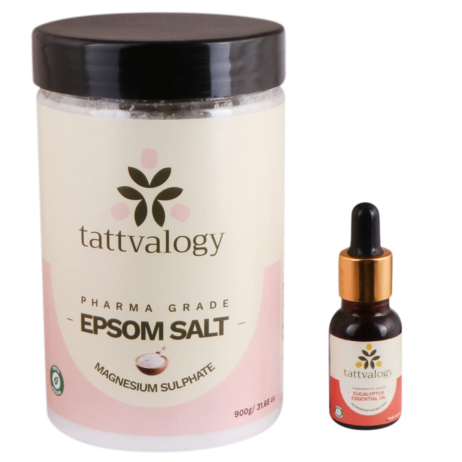 Tattvalogy Epsom Salt with Eucalyptus Essential Oil - Vitamin C & Magnesium Sulfate Enriched - Muscle Relief, Foot Soak & Bath Salt for Home Spa - Relaxing Body Care Combo Pack (3-15ml) - Perfect for Post-Workout Recovery, Stress Relief & Luxurious Self-Care Nights