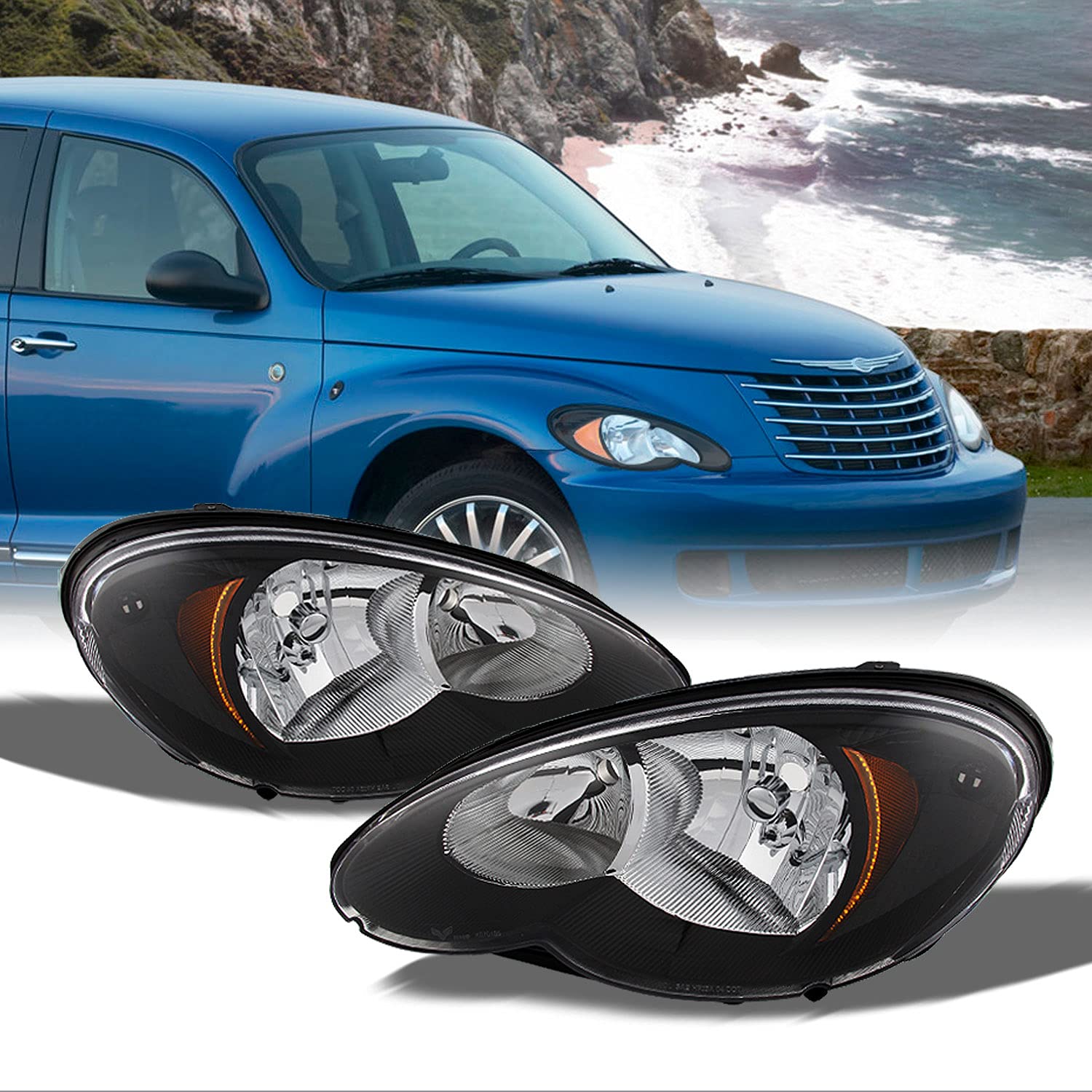 AKKON Replacement Headlights for Chrysler PT Cruiser - Black Bezel Headlamp Assembly Pair (Driver & Passenger Side) | OE Style Direct Fit | Perfect for Night Driving & Car Restoration Projects
