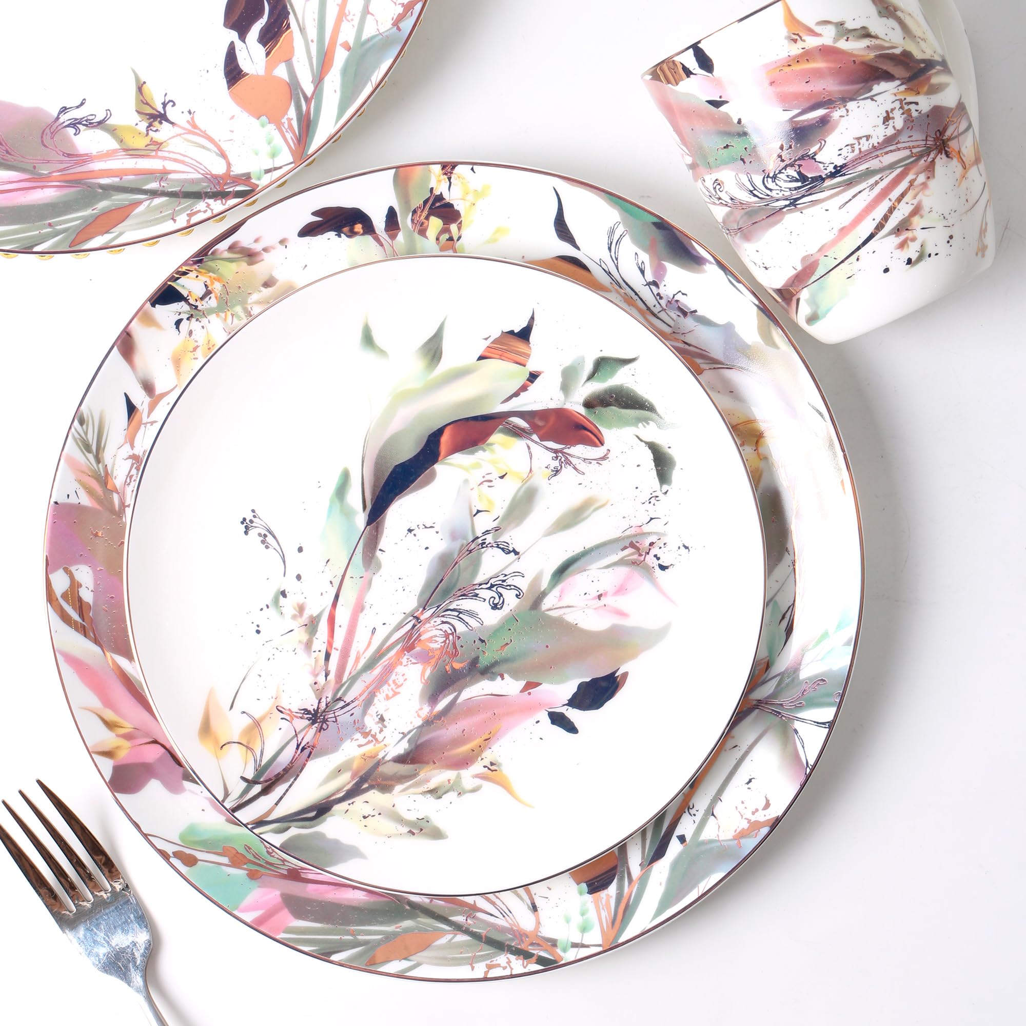 Elegant Pink & Gold 16-Piece Ceramic Dinnerware Set for 4 - Includes Dinner Plates, Salad Plates, Dessert Plates & Cereal Bowls - Microwave Safe Bone China - Perfect for Family Meals, Dinner Parties & Everyday Use by KOKEN
