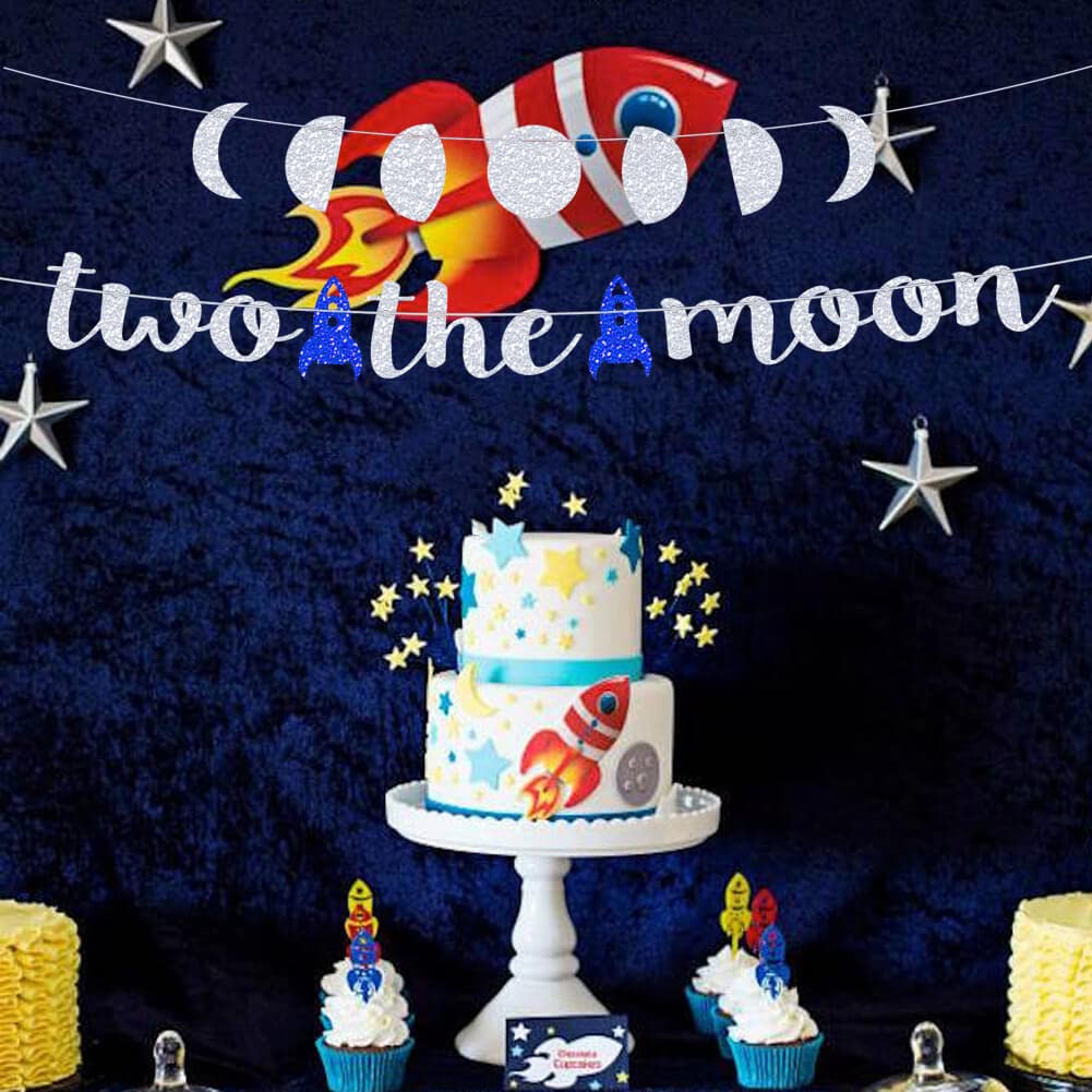 Two the Moon Birthday Decorations - Silver Glitter Party Banner for Outer Space, Galaxy, Astronaut & Space Man Theme | Perfect for Baby Boy's 2nd Birthday Party, Robot UFO Themed Celebrations & Cosmic Nursery Decor