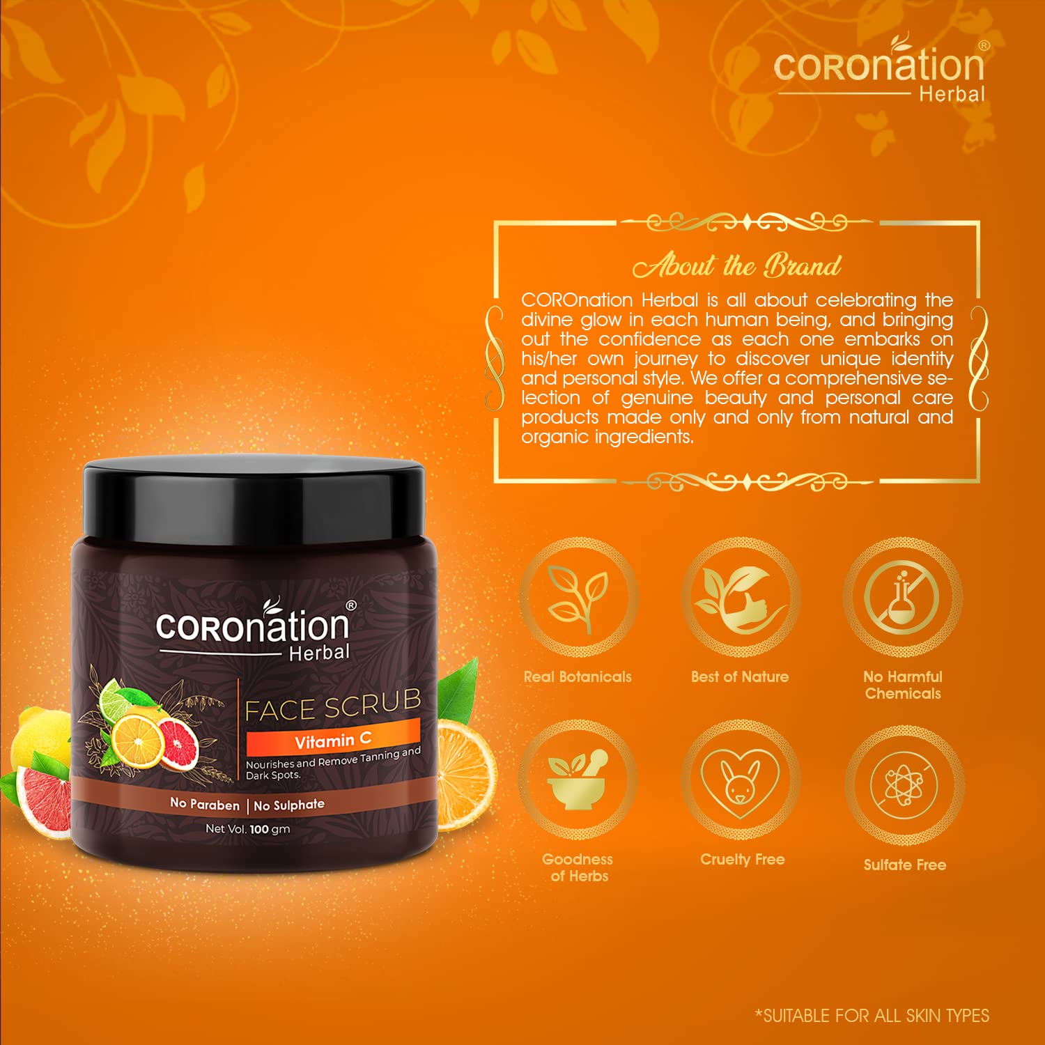 Coronation Herbal Vitamin C Face Scrub for Men & Women - Brightening Exfoliator for Acne Control, Tan & Dark Spot Removal | Nourishes Skin & Reveals Glow | Perfect for Daily Skincare Routine & Post-Sun Care