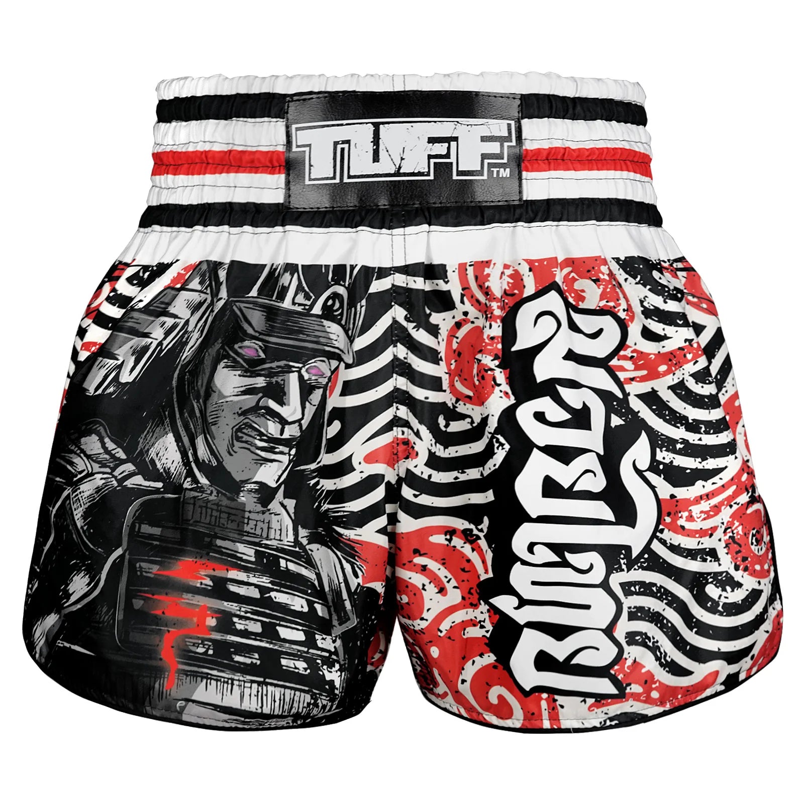 Tuff Muay Thai Shorts High Cut Retro Waves of Bushido Black/Red - Premium MMA & Kickboxing Training Gear for Fighters & Athletes