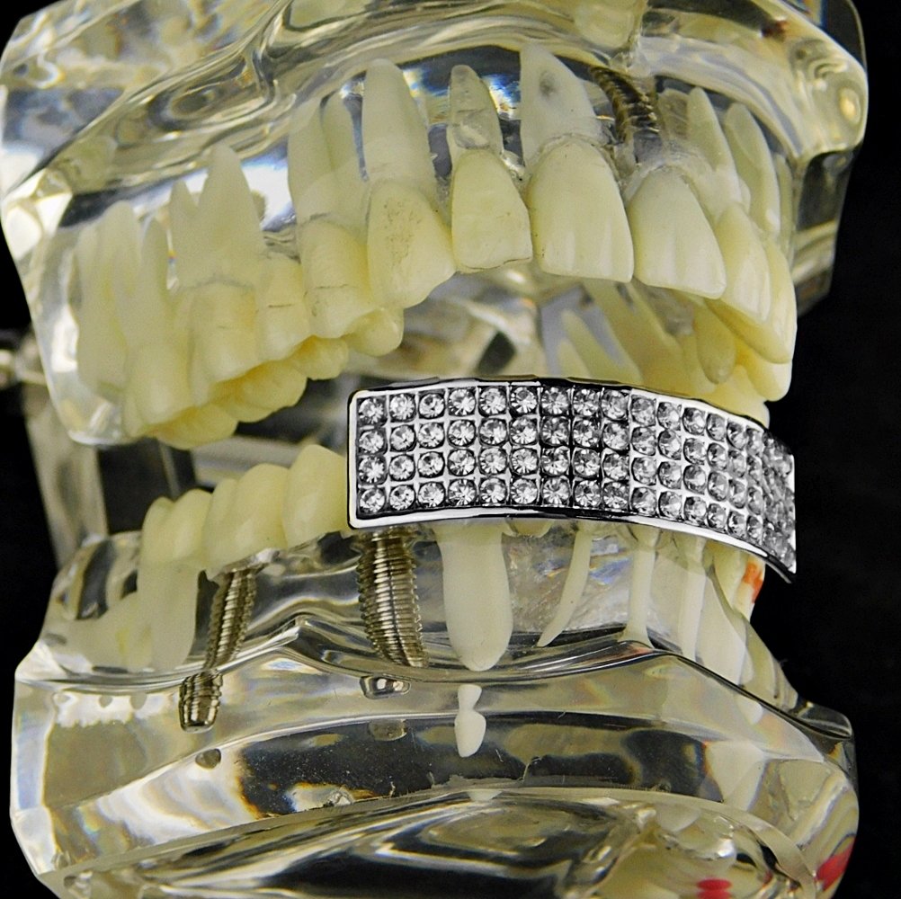 4 Row Silver Tone Hip Hop Grillz for Lower Teeth - Bling Mouth Jewelry for Men & Women - Perfect for Parties, Concerts & Rap Performances