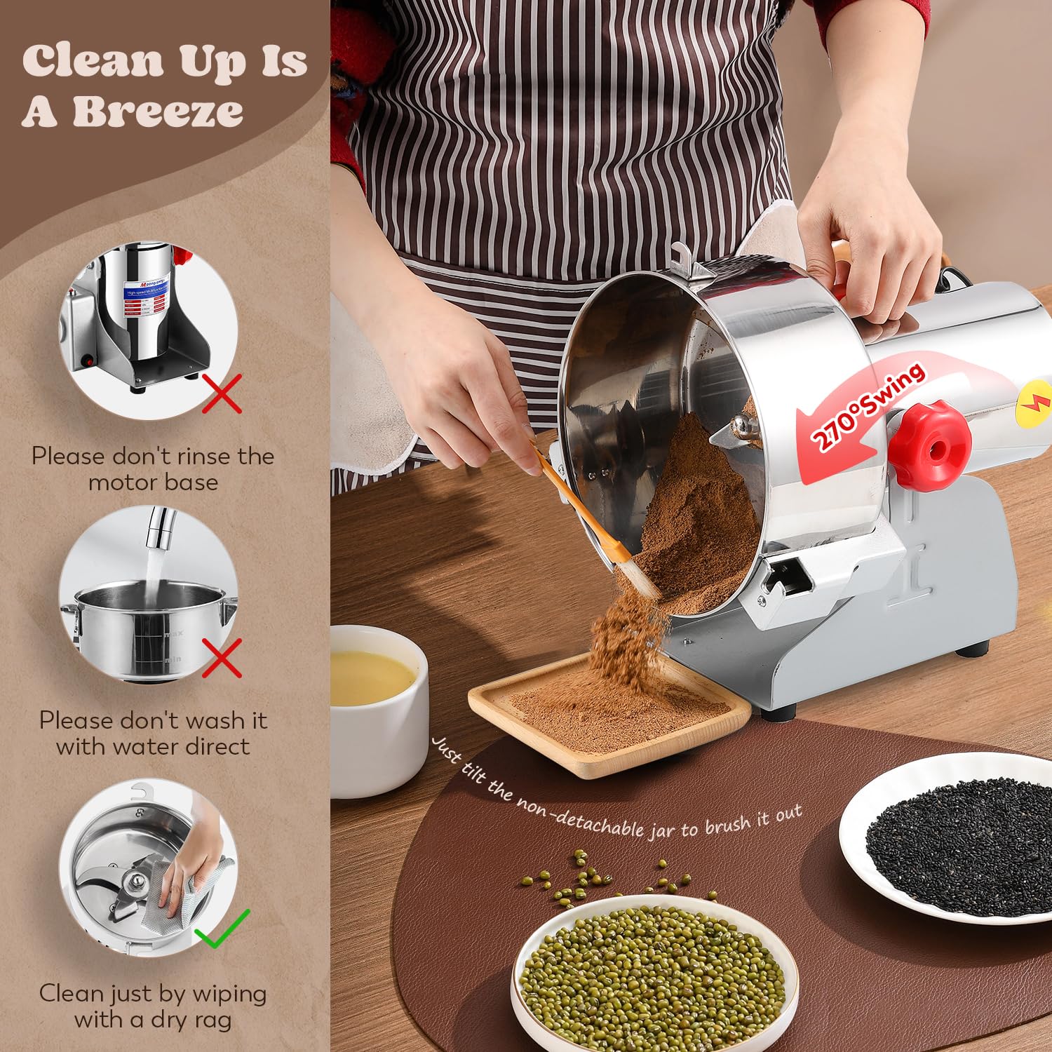 Moongiantgo 2500g Commercial Grain Mill Grinder - 3600W Electric Spice Grinder, Stainless Steel Dry Grinding Machine for Wheat, Corn, Rice, Pepper, Herbs & Coffee Beans (110V) - Perfect for Bakeries, Restaurants & Home Kitchens
