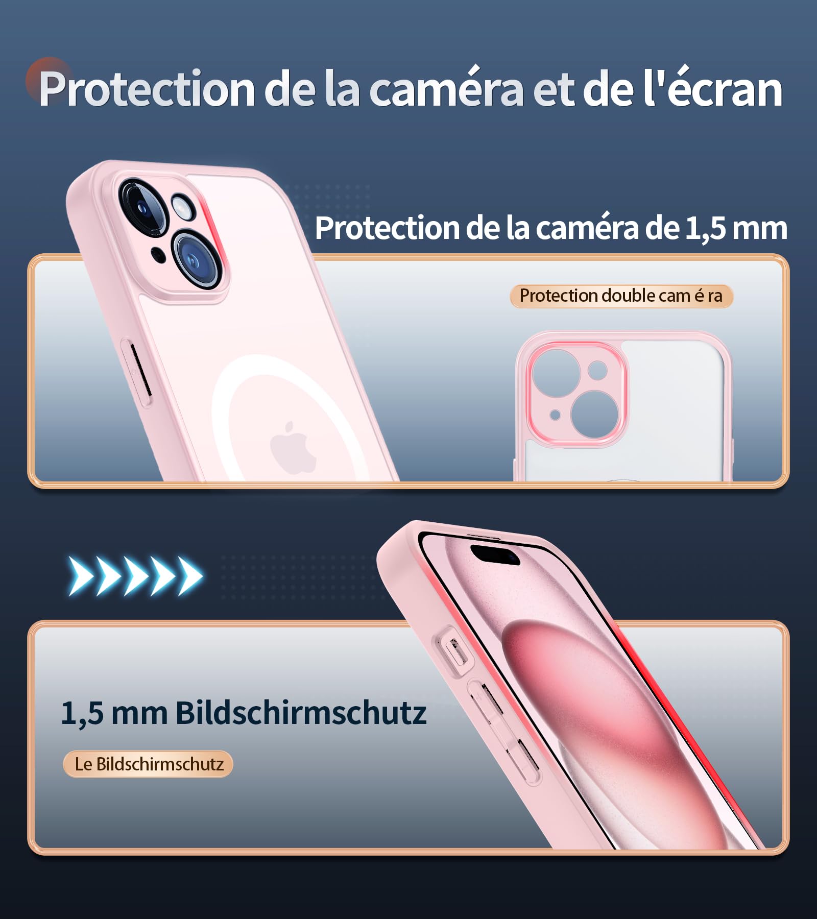 Magnetic Case for iPhone 15 with 2 Tempered Glass Screen Protectors | Magsafe Compatible | Full Lens Protection | Slim Matte Translucent Shockproof Cover - Rose | Perfect for Everyday Use, Travel & Wireless Charging