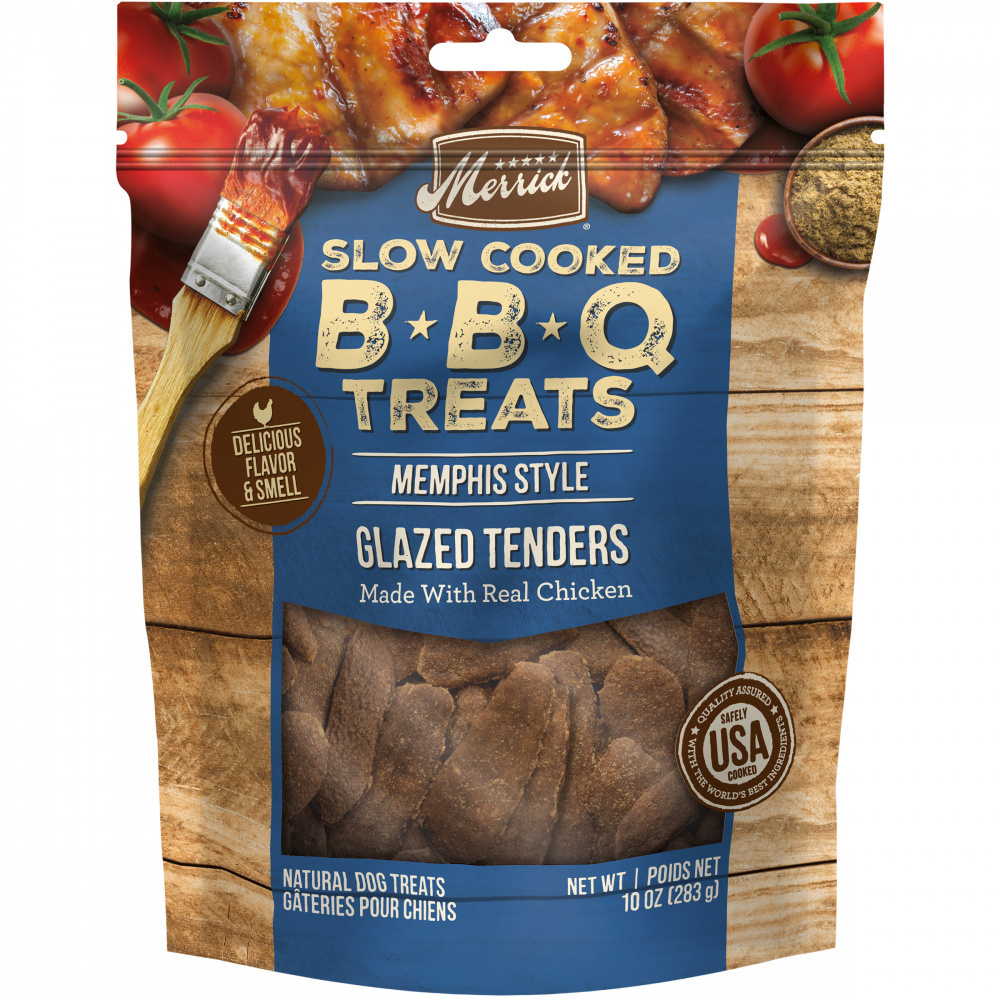 Merrick Slow Cooked BBQ Chicken Memphis Style Glazed Tenders Jerky Dog Treats - High Protein Grain-Free Dog Snacks for Training & Outdoor Adventures