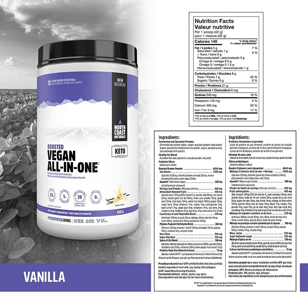 North Coast Naturals Boosted Vegan All-In-One Plant-Based Protein Powder with Superfood Antioxidants, Fruits & Veggies - 840g Vanilla - Perfect for Post-Workout Recovery & Healthy Smoothies