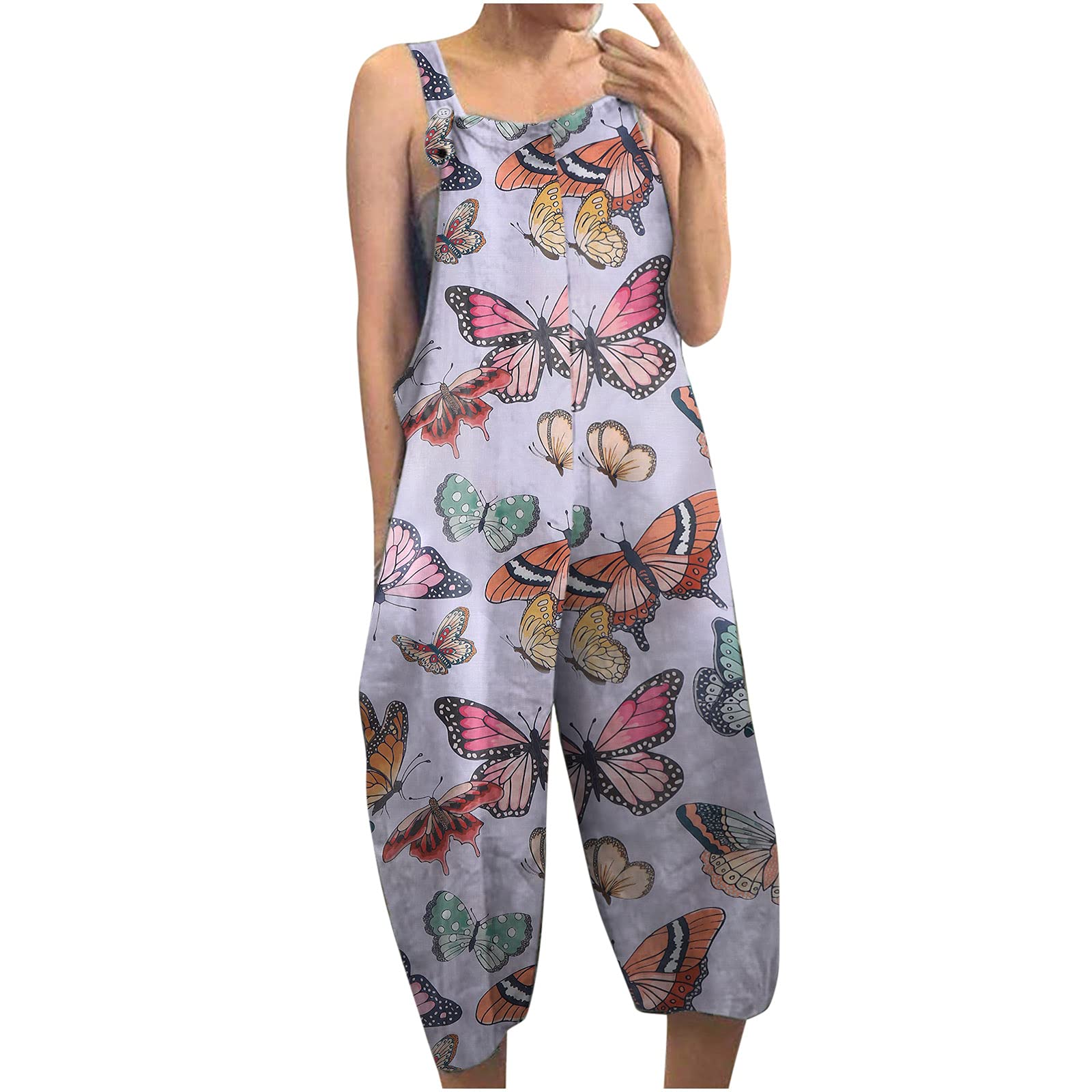 Women's Summer Jumpsuit - Loose Fit Baggy Wide Leg Drop Crotch Printed Overalls Romper with Pockets | Casual Outfit for Beach, Travel & Streetwear Fashion