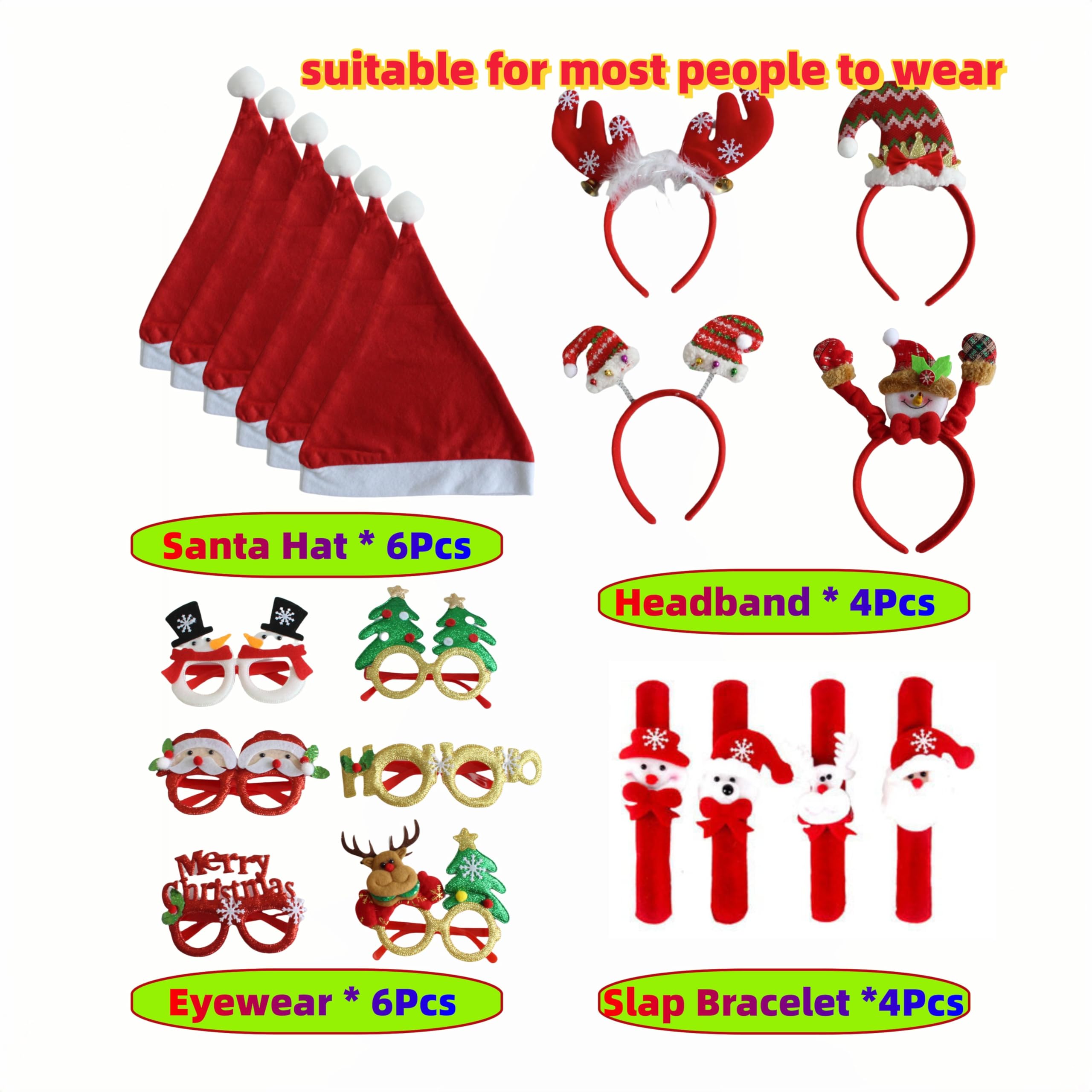 Festive Christmas Party Glasses Set - Santa Hats, Holiday Headbands & Slap Bracelets for Kids & Adults | Perfect for Xmas Celebrations, Office Parties & Family Gatherings