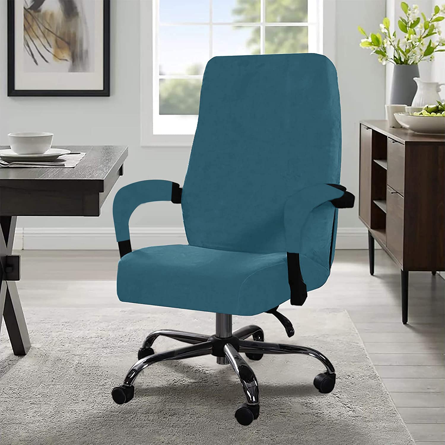 Stretchable Velvet Office Chair Cover - Removable & Washable Universal Elastic Slipcover for Computer, High Back & Rotating Chairs - Modern Minimalist Style (Blue, Large) - Perfect for Home Office, Gaming & Workspace Decor