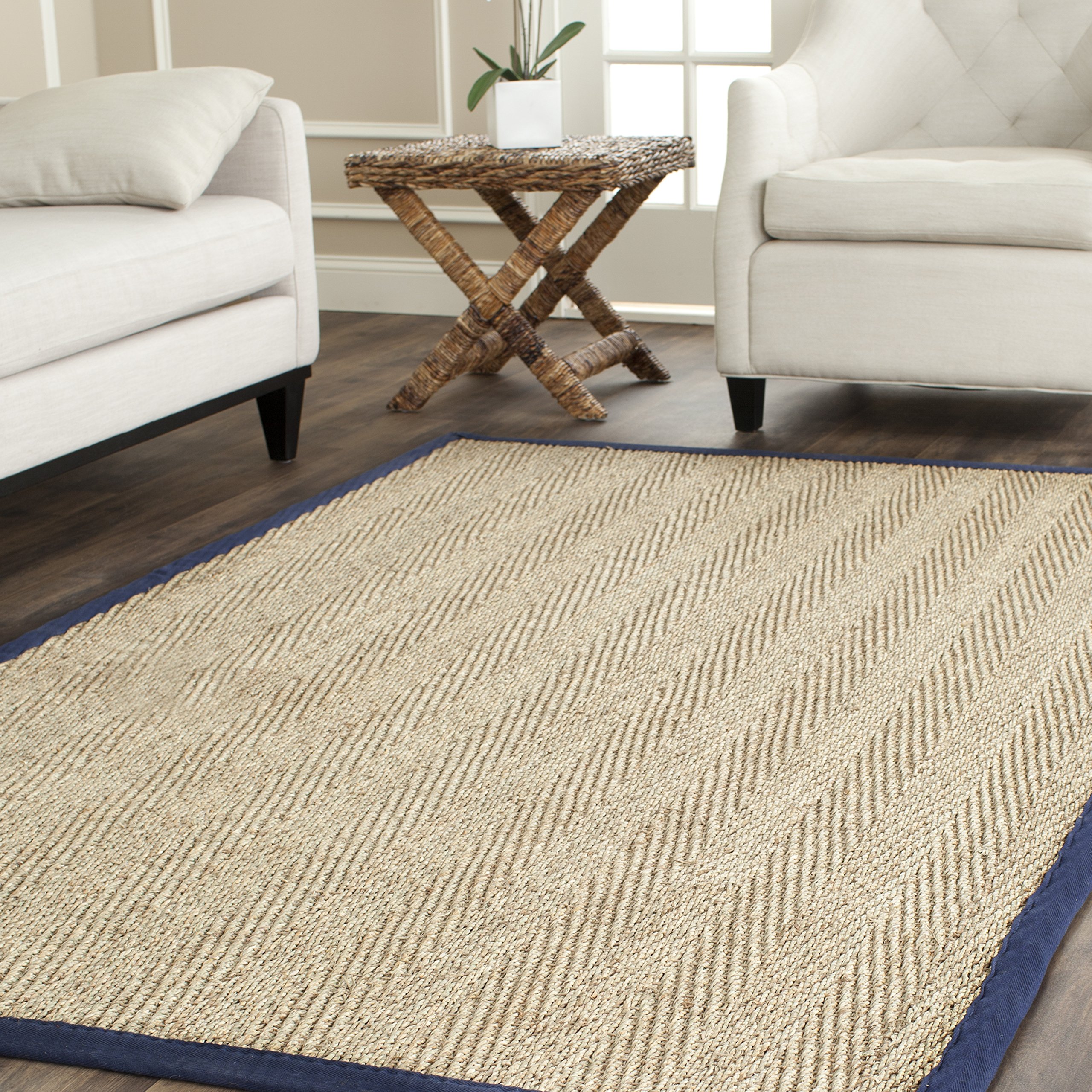 SAFAVIEH Natural Fiber Collection 6' x 9' Blue NF115E Border Herringbone Seagrass Area Rug - Handwoven Coastal Style Rug for Living Room, Bedroom & Beach House Decor