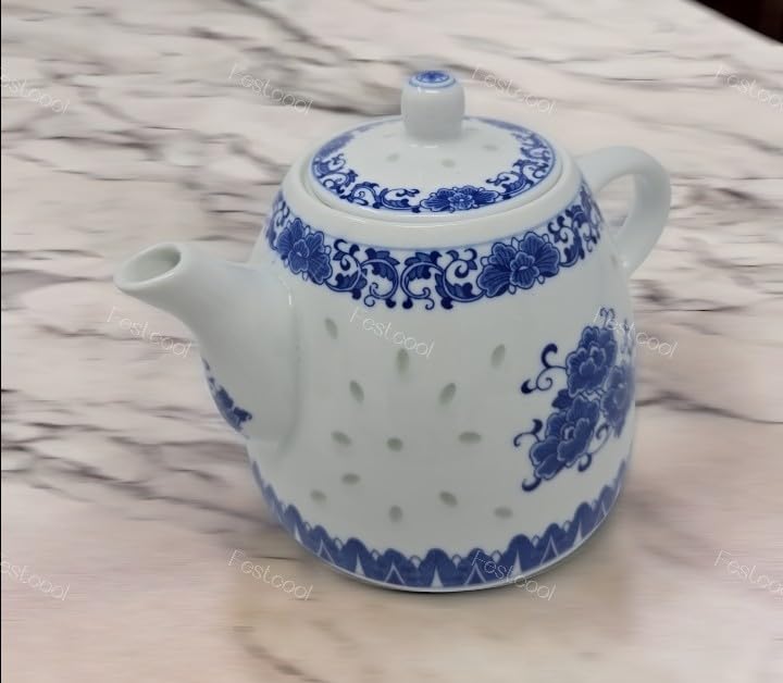 Large 56oz Blue and White Porcelain Teapot - 6 Cup Capacity Chinese Style Tea & Coffee Pot for Home, Office, and Gift Giving