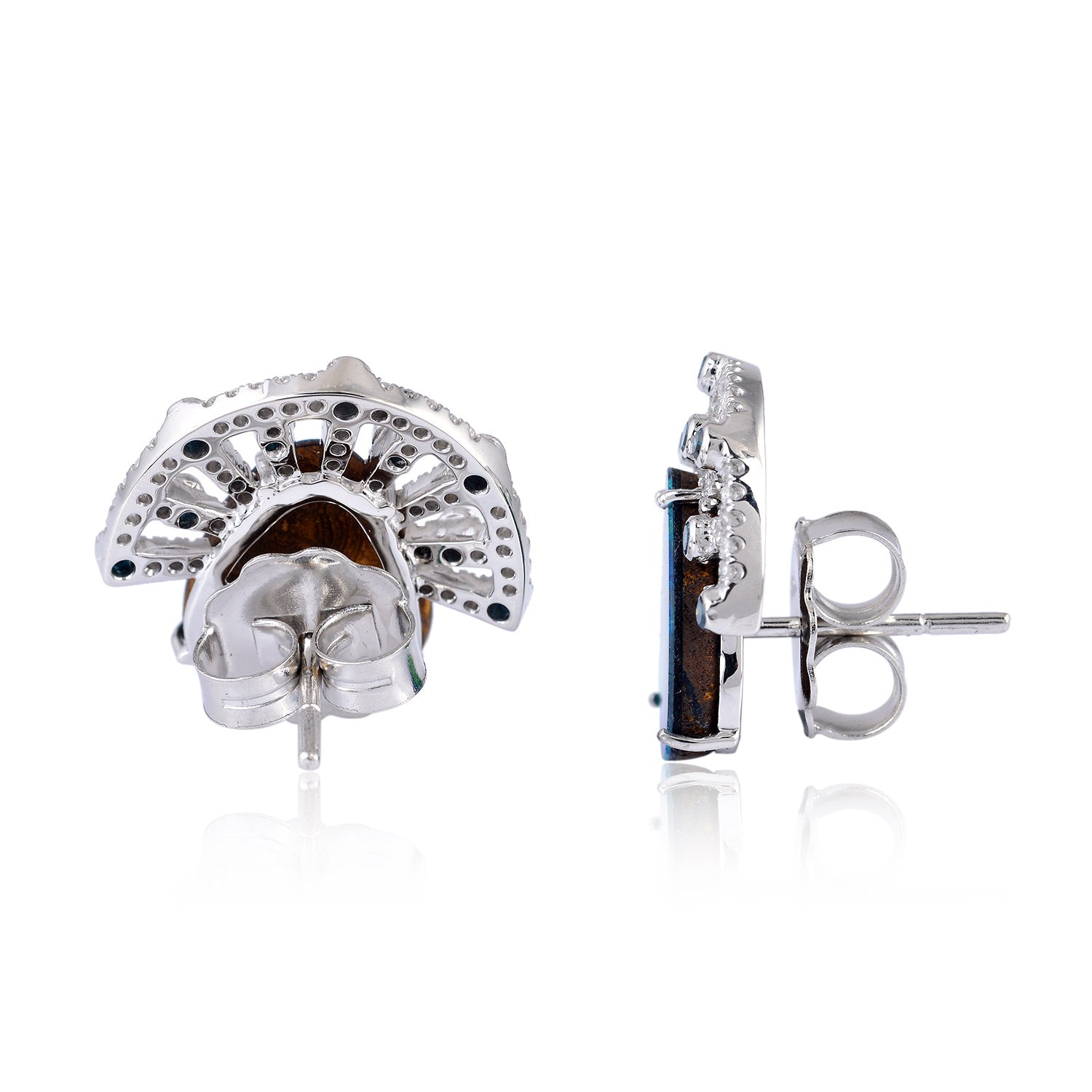 18K White Gold Opal Doublet Pave Diamond Stud Earrings for Women - Elegant Gemstone Jewelry for Wedding, Party & Special Occasions