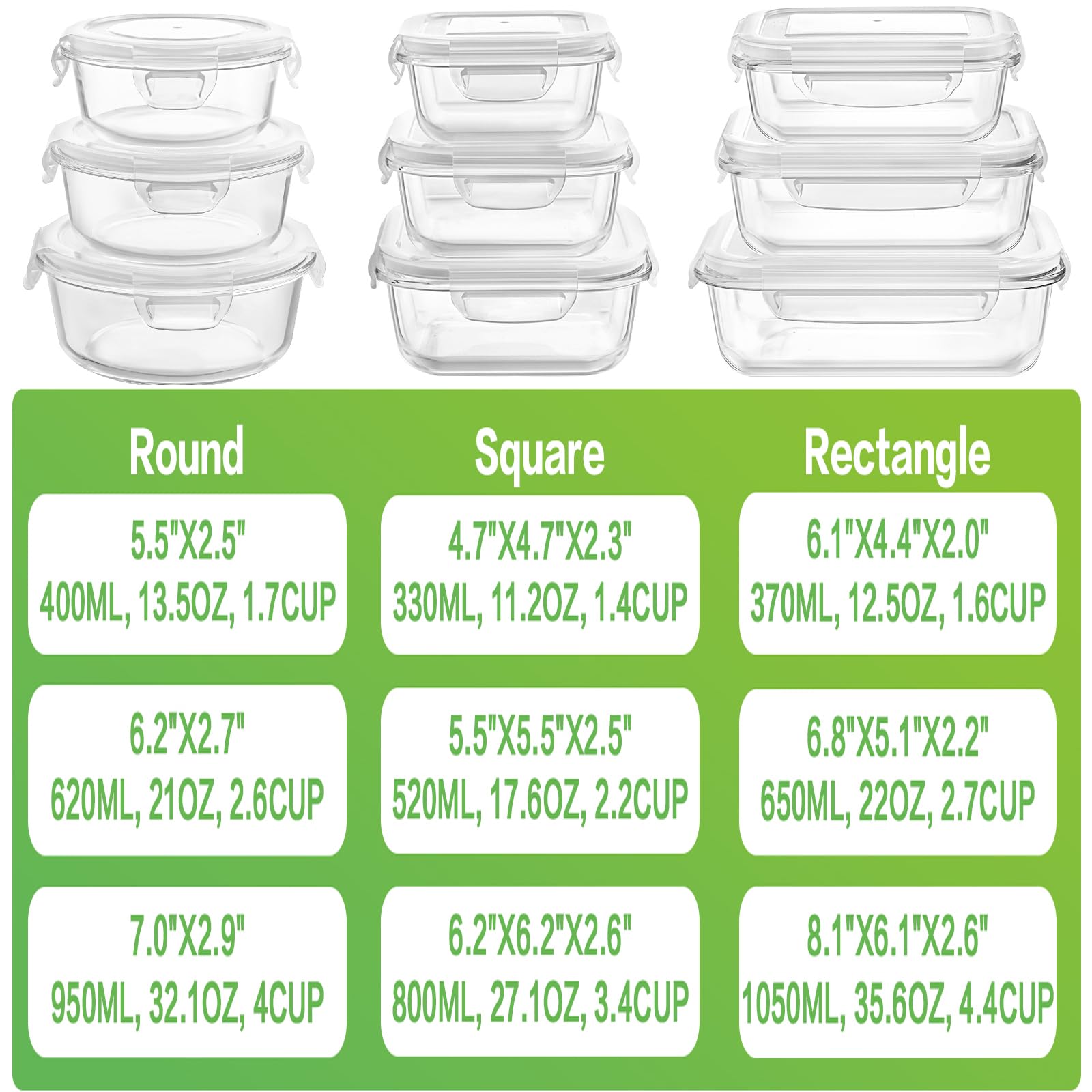 HOMBERKING 18-Piece Glass Food Storage Containers Set with Airtight Lids - BPA-Free Meal Prep & Lunch Bento Boxes for Kitchen, Office, Picnics (9 Containers + 9 Lids, White) - Perfect for Meal Prepping, Leftovers & On-the-Go Lunches
