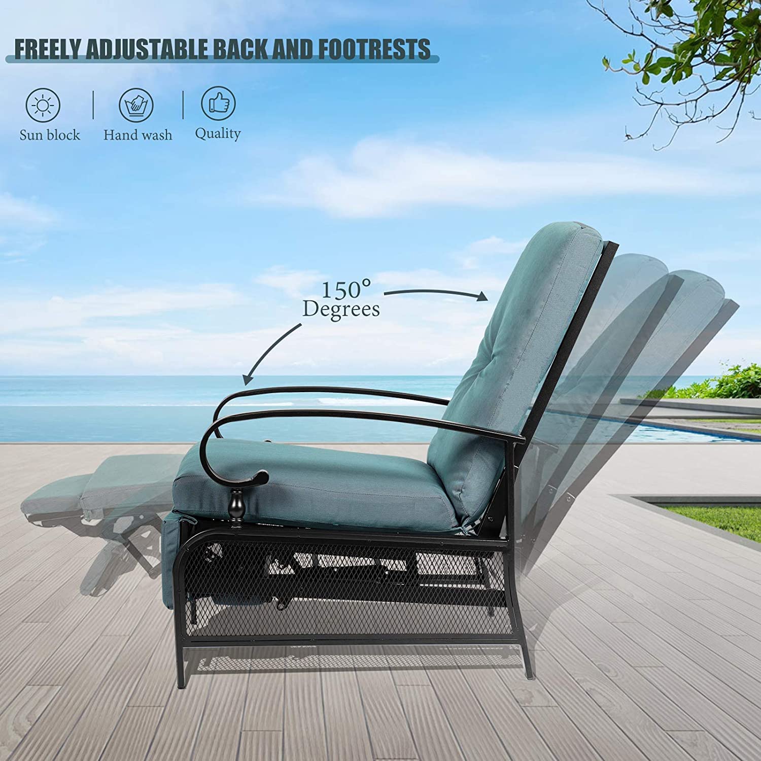 Adjustable Outdoor Lounge Chair with Removable Cushions - Patio Recliner Sofa for Garden, Poolside & Backyard - Peacock Blue - Perfect for Sunbathing, Relaxing & Outdoor Lounging