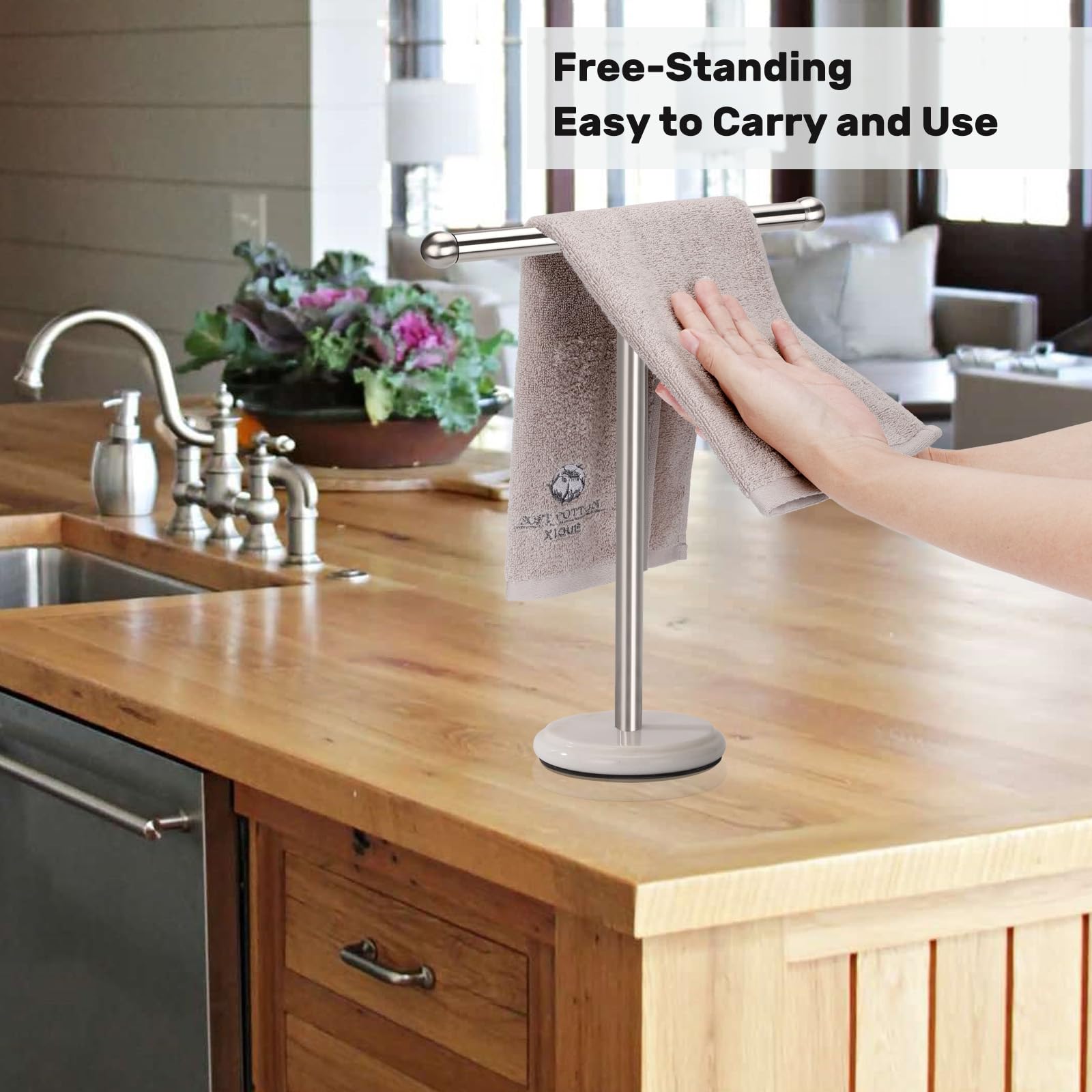 Heavy Marble Base Hand Towel Holder Stand - Brushed Nickel Bathroom Towel Rack for Countertop - Perfect for Kitchen, Bathroom, and Guest Room Decor