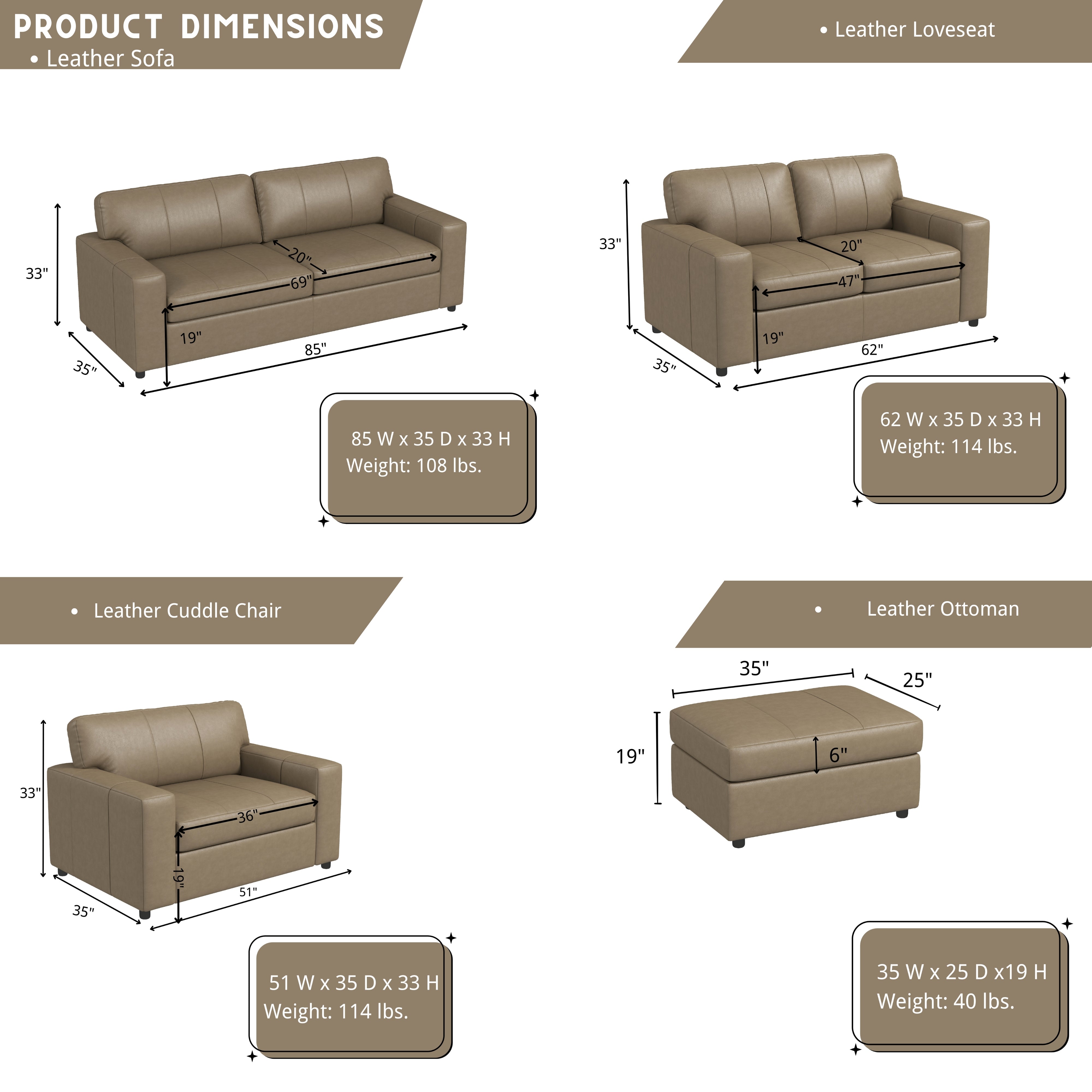 Roundhill Furniture Sakan Genuine Leather Upholstered Living Room Set - Sofa, Loveseat & Chair - Modern Sectional Couch for Home Theater, Family Room & Lounge Areas
