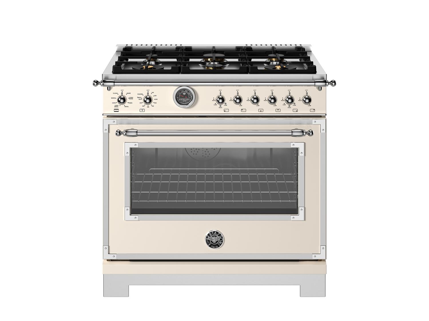 Bertazzoni HER366BCFEPAVT 36 Inch Dual Fuel Range - 6 Brass Burners & Cast Iron Griddle, Electric Self-Cleaning Oven in Avorio | Professional Kitchen Appliance for Home Chefs & Cooking Enthusiasts