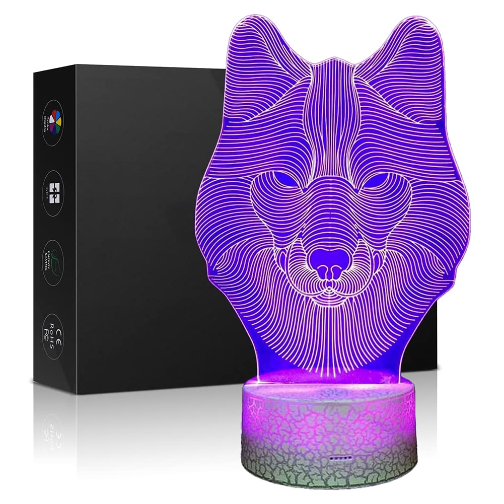 3D Illusion Wolf Night Light - 7 Color Changing LED Touch Desk Lamp with Acrylic Animal Shape, Perfect for Bedroom Decor & Cool Gifts (Birthday, Christmas) | Ideal for Kids Room, Home Office & Romantic Ambiance Lighting