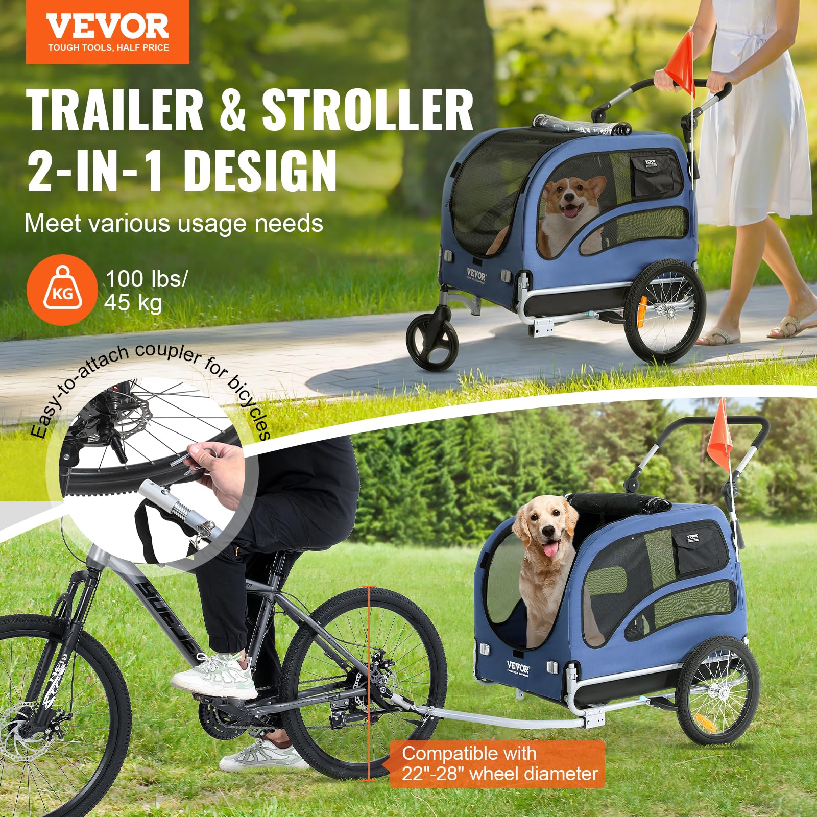 VEVOR 2-in-1 Dog Bike Trailer & Pet Stroller - Heavy Duty 100 lbs Capacity, Foldable Bicycle Carrier with Quick Release Wheels & Universal Coupler - Perfect for Cycling Adventures, Jogging & Outdoor Activities with Your Pet