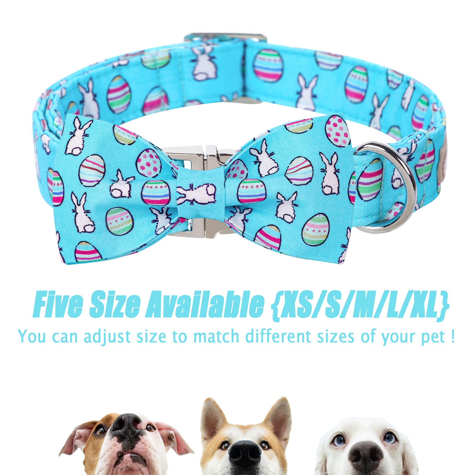 Easter Dog Collar with Bow Tie - Adjustable Bunny Egg Design Pet Collar with Metal Buckle for Small Medium Large Dogs - Perfect for Easter Photos, Pet Parties & Spring Celebrations