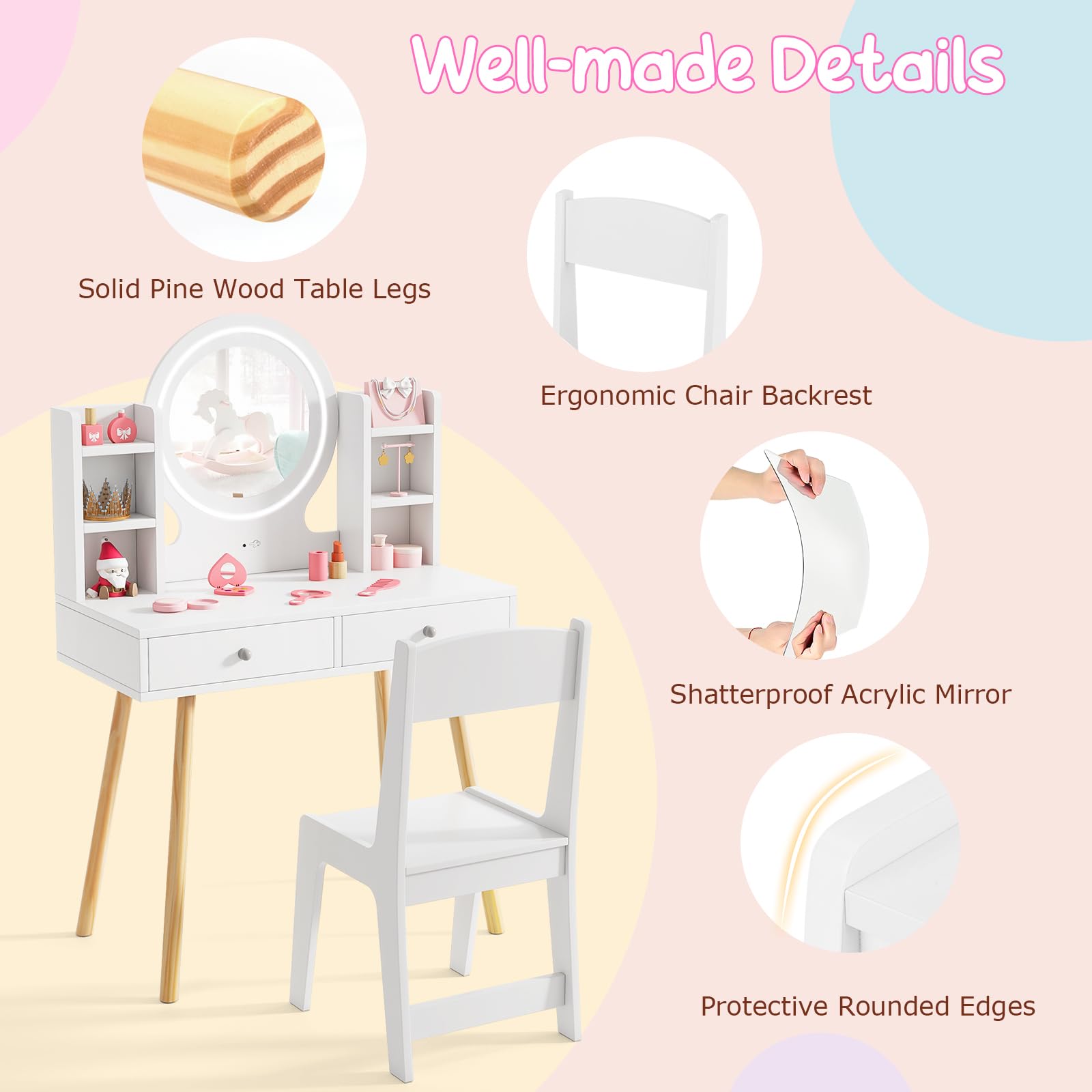 Costzon Kids Vanity Set with Mirror, Stool & LED Lights - Wooden Toddler Makeup Dressing Table with Storage Drawers & Shelves - Pretend Play Vanity Desk & Chair for Girls (White) - Perfect for Birthday Gifts, Bedroom Decor & Role Play Activities