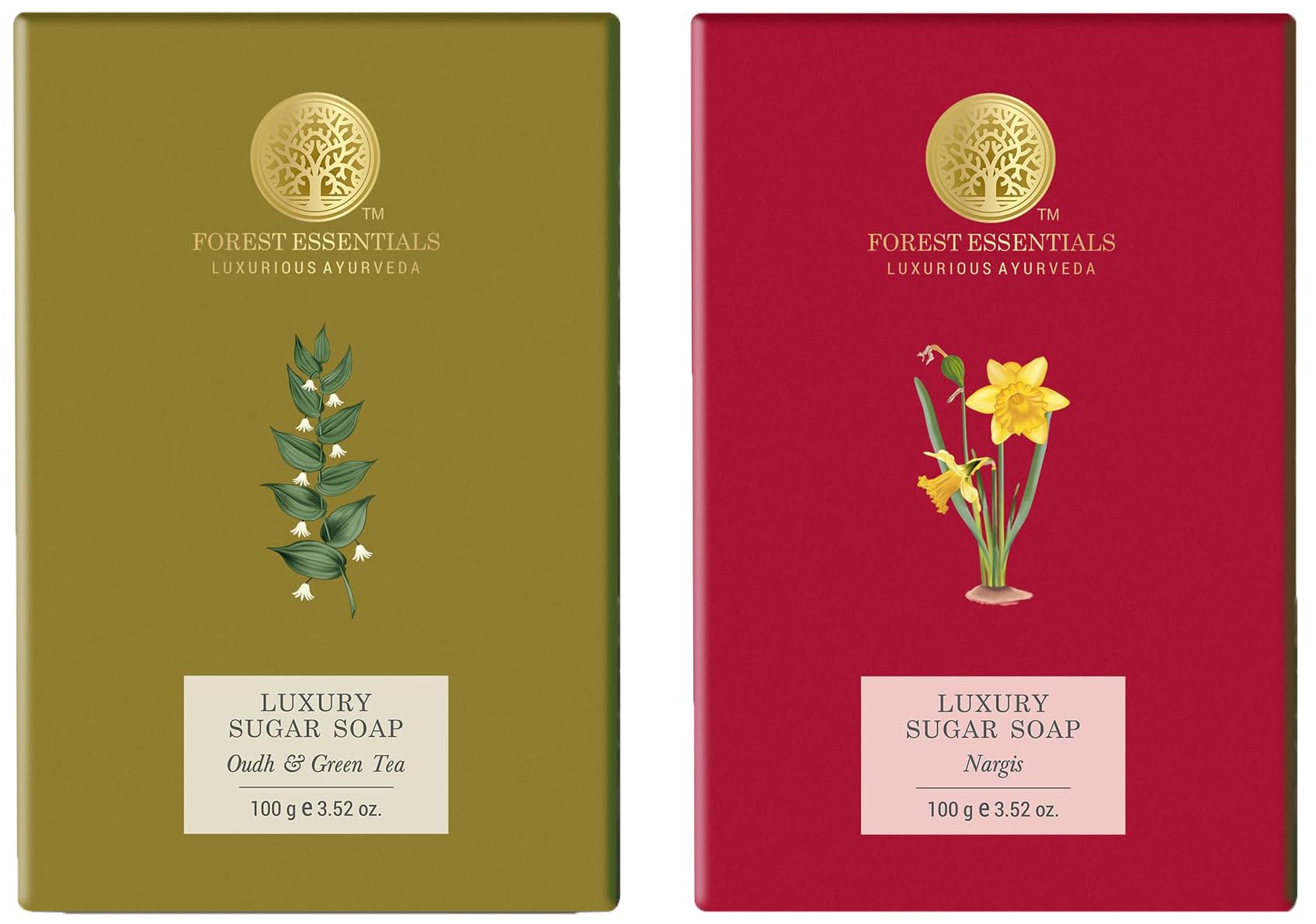Forest Essentials Luxury Ayurvedic Sugar Soap - Nargis & Oudh Green Tea Combo | Handmade Natural Soap for Dry & Sensitive Skin | Perfect for Spa, Gifting & Daily Skincare Routine