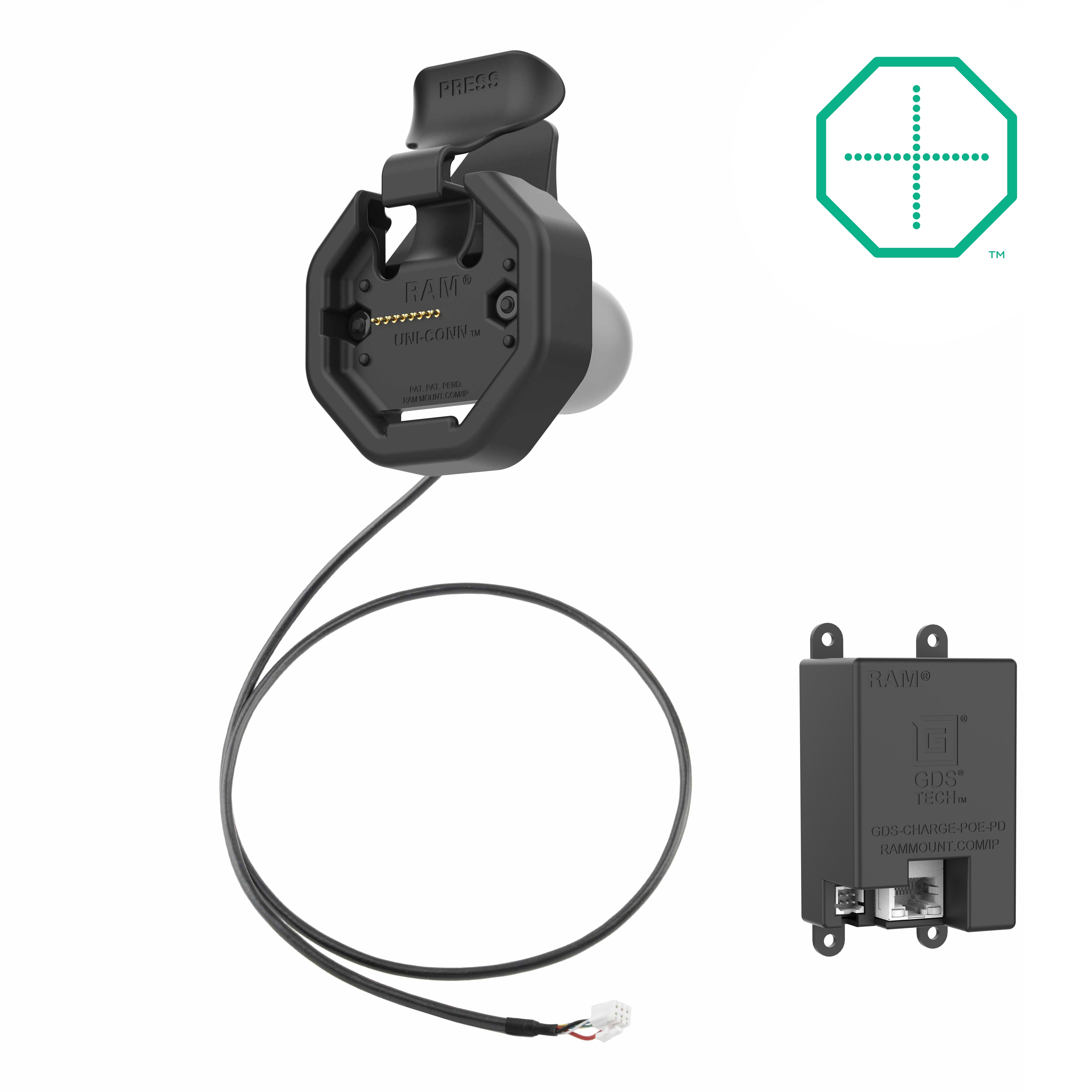 GDS® Uni Conn™ Powered Snap-In Dock with PoE Adapter - Universal 3-in-1 Charging Station for Laptops, Phones & Tablets - Ideal for Office, Home & Remote Work Setup (RAM GDS DOCK U3EU)