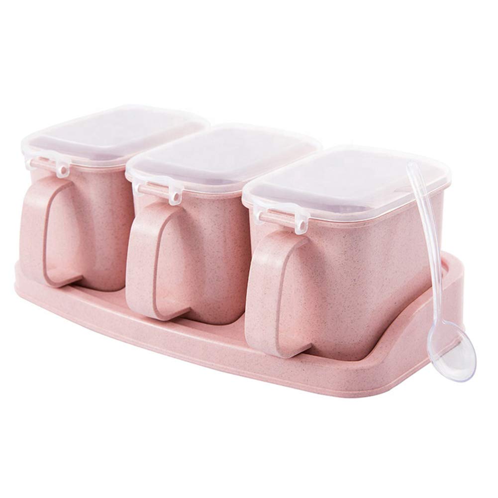 QBLDX 3-Cell Plastic Seasoning Box Set - Spice Salt Sugar Storage Containers with Spoons, BPA-Free Kitchen Organizer for Pantry & Countertop (Pink) - Perfect for Cooking, Baking & Meal Prep