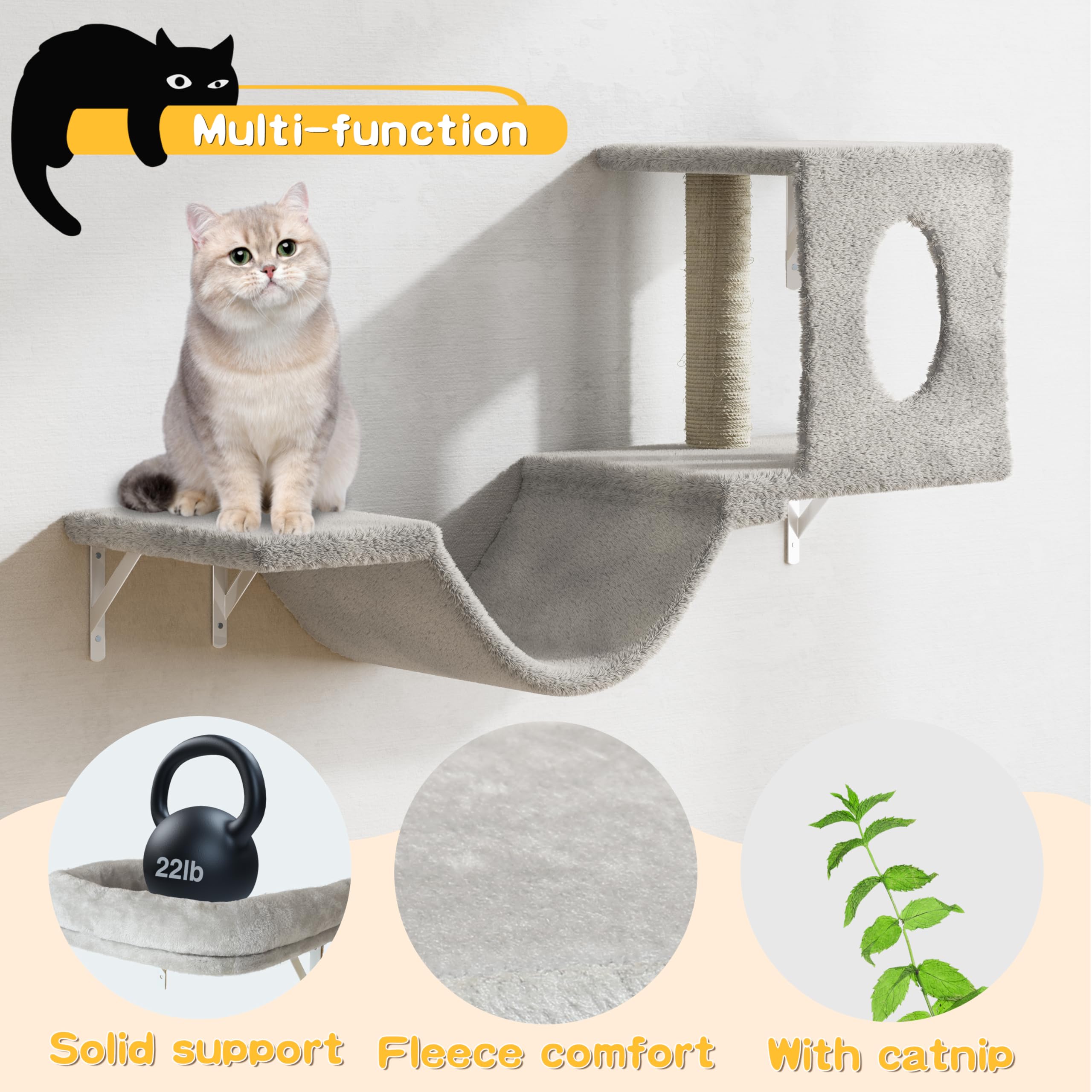 NUNU LAB 6-Piece Wall Mounted Cat Furniture Set - Cat Climber with House, Bridge, Tree, Steps & Scratcher, DIY Cat Wall Playground, Grey Indoor Cat Shelves for Active Cats - Perfect for Small Spaces & Cat Enrichment