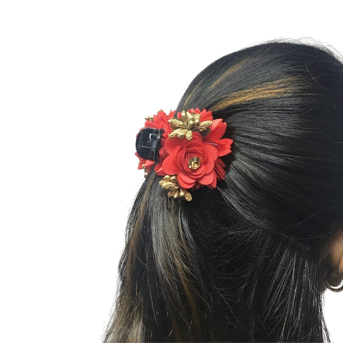 Honbon Peach Color Fabric Flower Hair Clutch with Golden Stone - Women's Fashion Hair Clip for Girls & Women - Elegant Hair Accessories for Parties, Weddings & Daily Styling (Pack of 1)