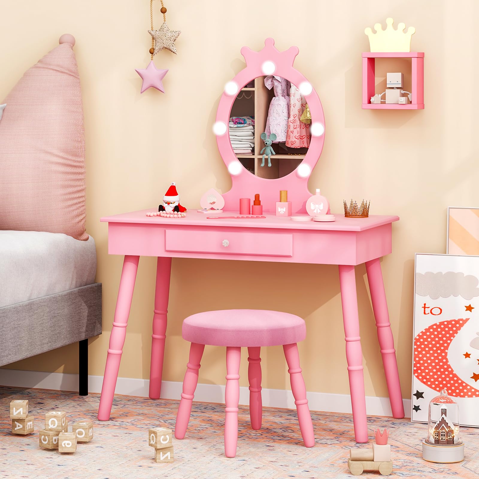 Costzon Kids Vanity Set with Mirror, Stool & LED Lights - 2-in-1 Wooden Makeup Dressing Table with Drawers for Girls - Pretend Play Vanity Desk & Chair Set (Pink) - Perfect for Birthday Gifts, Bedroom Decor & Role Play Activities