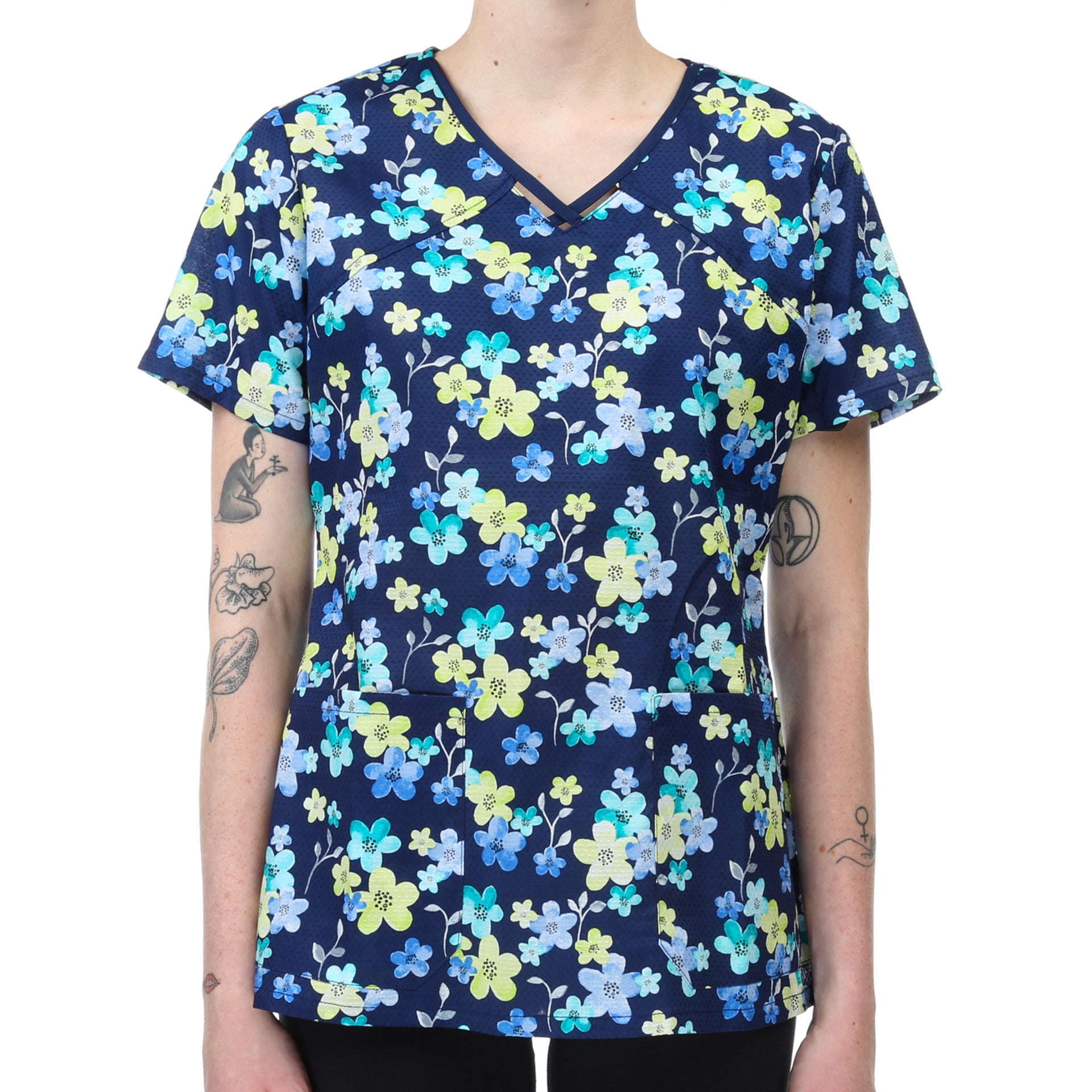 Cherokee Runway Scrub Top - Meadow Magic Print Medical Uniform for Nurses & Healthcare Professionals | Comfortable & Stylish Workwear for Hospitals & Clinics