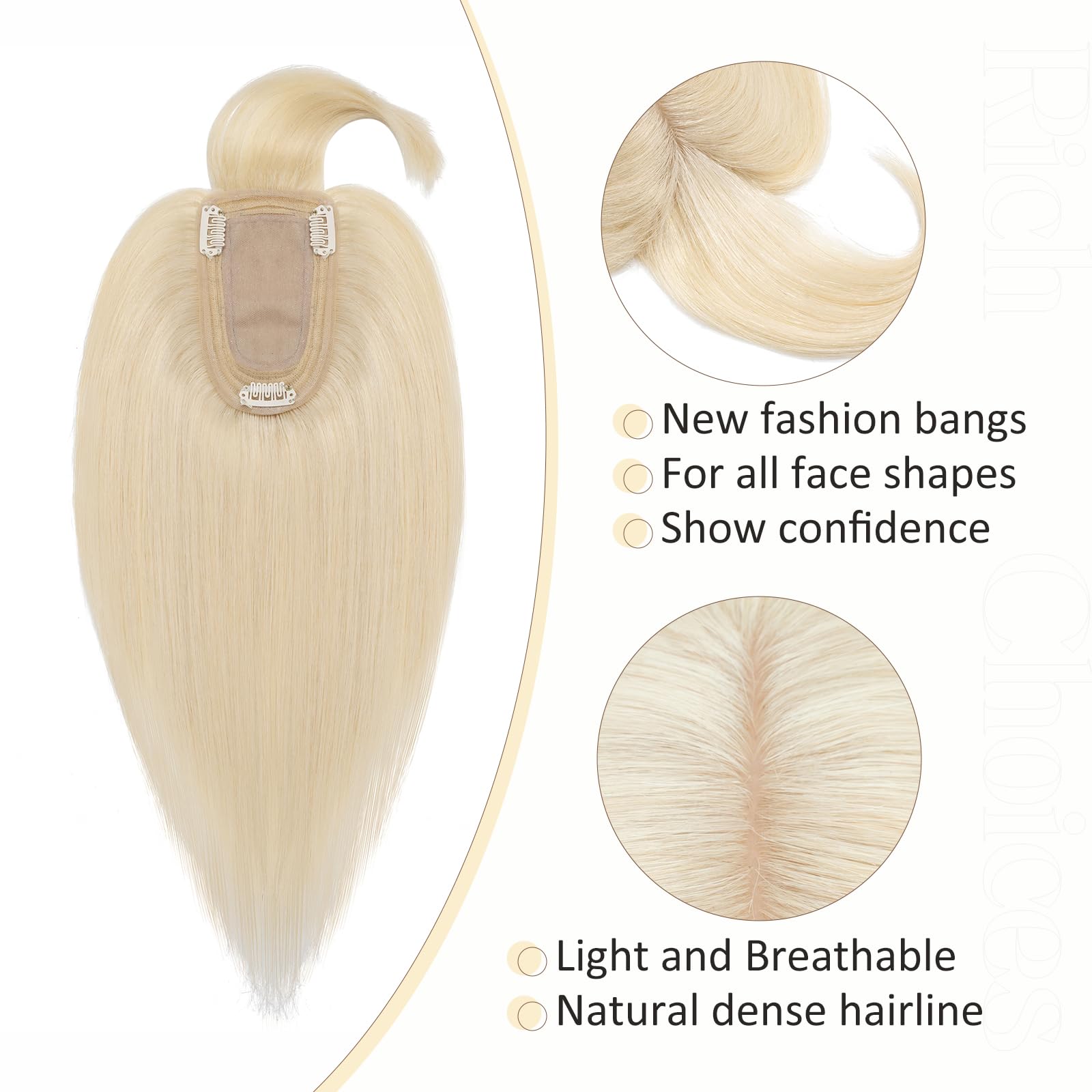 100% Real Human Hair Toppers for Women - Handmade Clip-In Hair Extensions for Thinning Hair | 14'' Middle Part Platinum Blonde #60 (44g) | Perfect for Daily Wear, Special Occasions & Hair Volume Enhancement