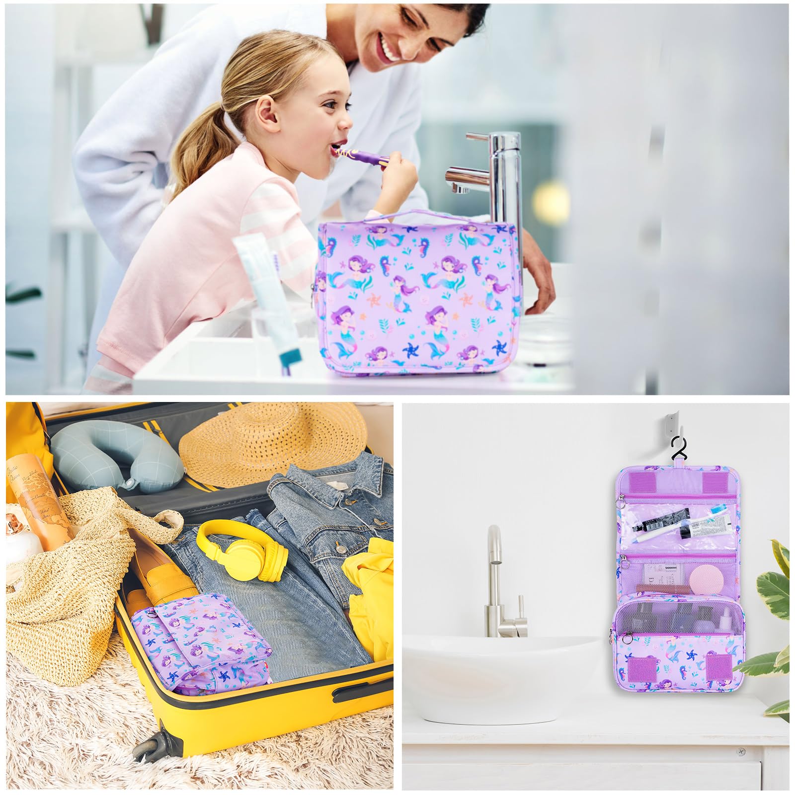 Waterproof Kids Hanging Toiletry Bag for Girls - Mermaid Purple Travel Cosmetic Organizer | Perfect for Toddler Travel, Camping & Sleepovers | Cute Makeup Wash Bag for Little Girls