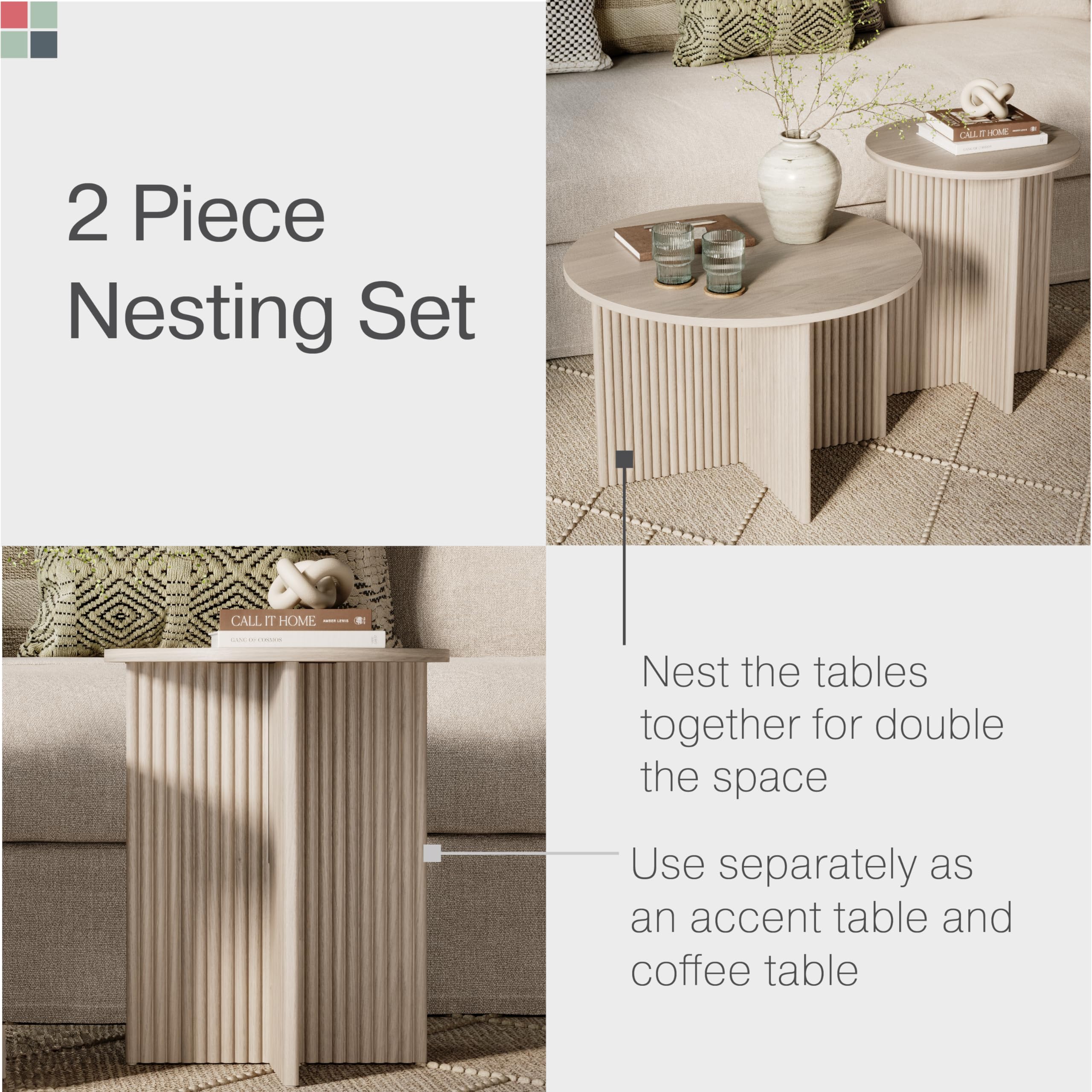 Round Fluted Nesting Coffee Table Set of 2 - Modern Solid Wood Base with Wood Grain Veneer Top in Weathered White - Stylish Living Room Furniture for Small Spaces & Home Decor - Perfect for Apartments, Lounges and Cozy Living Areas