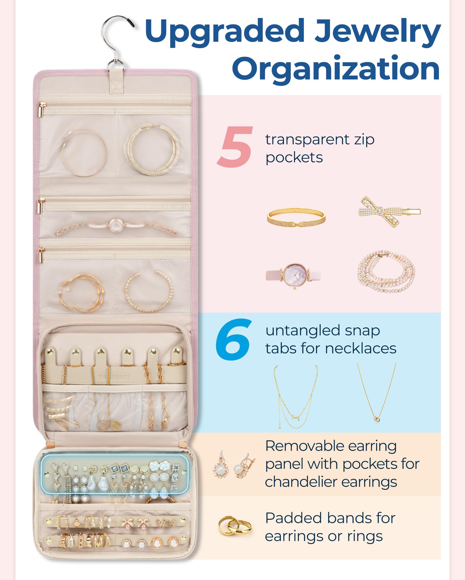 BAGSMART Travel Jewelry Organizer - Large Hanging Roll Jewelry Case with Zipper Pockets for Rings, Necklaces, Earrings & Bracelets | Portable Jewelry Storage for Women | Perfect for Travel, Vacation & Business Trips (Pink)
