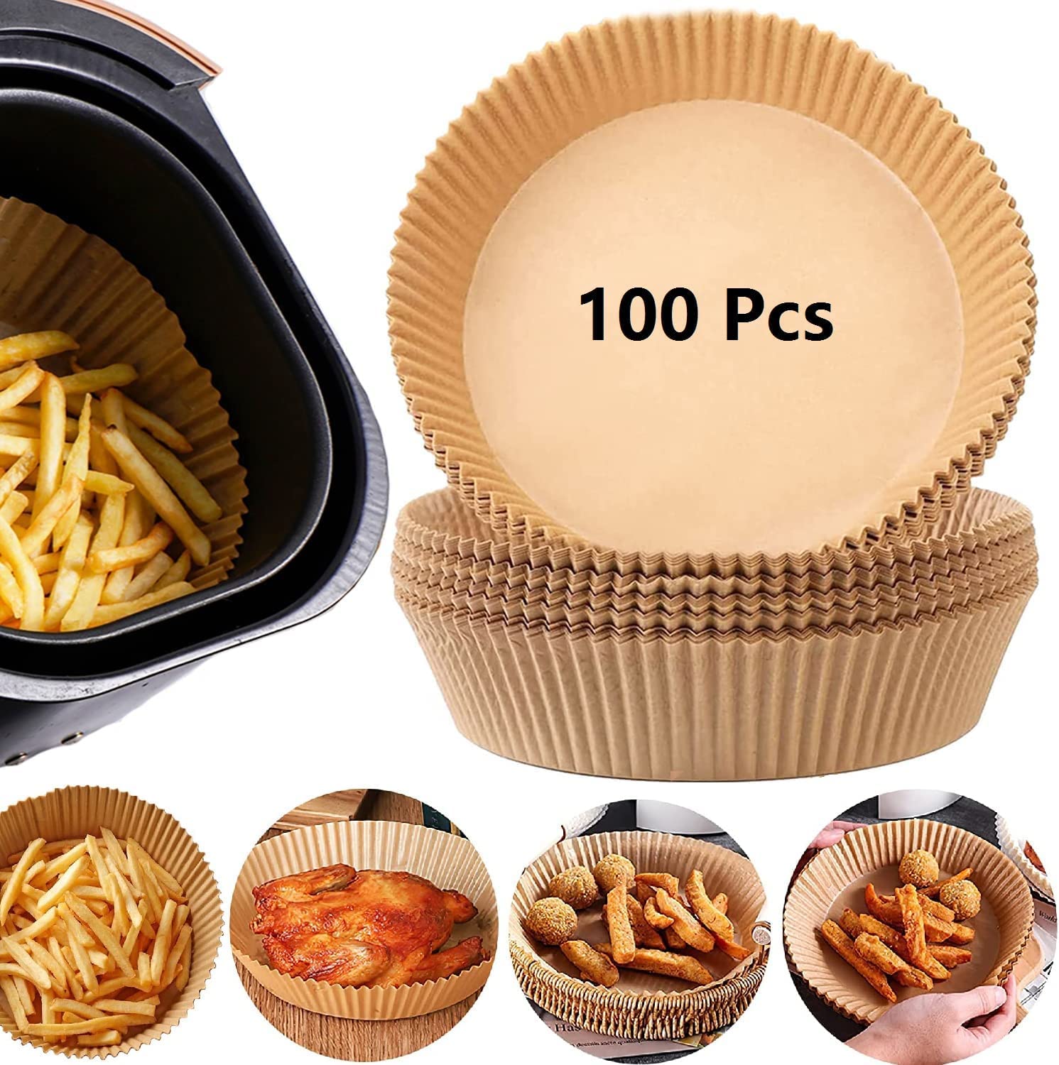 100-Piece Round Air Fryer Disposable Non-Stick Parchment Paper - Oil-Proof Baking Sheets for Cooking, Roasting & Microwave Use - Perfect for Healthy Meal Prep & Quick Cleanup