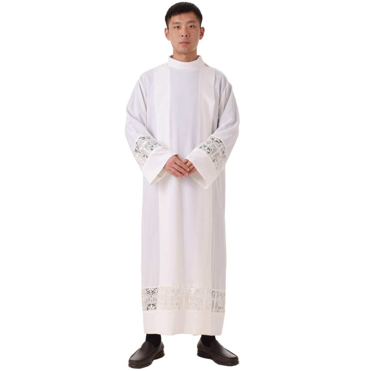 BLESSUME Priest Alb Liturgical Church Garment - White Cross Lace Box Pleated Chasuble for Catholic Mass, Baptism & Communion Ceremonies