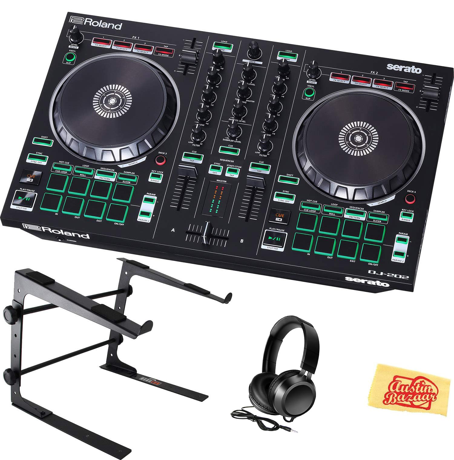 Roland DJ-202 Professional DJ Controller Bundle with Stand, Headphones & Polishing Cloth - Perfect for Live Performances, Home Studios & DJ Beginners