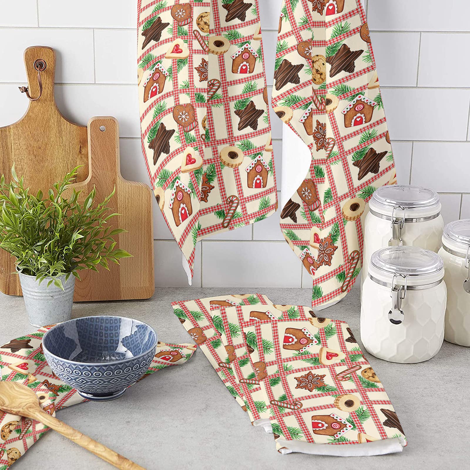 Super Absorbent Microfiber Kitchen Towels Set of 2 - Christmas Gingerbread Man Design, Soft Reusable Wash Cloths for Dishes, Fast Drying Watercolor Stripes Plaid Pattern - Perfect for Kitchen Cleaning, Bathroom Decor & Holiday Gift Giving
