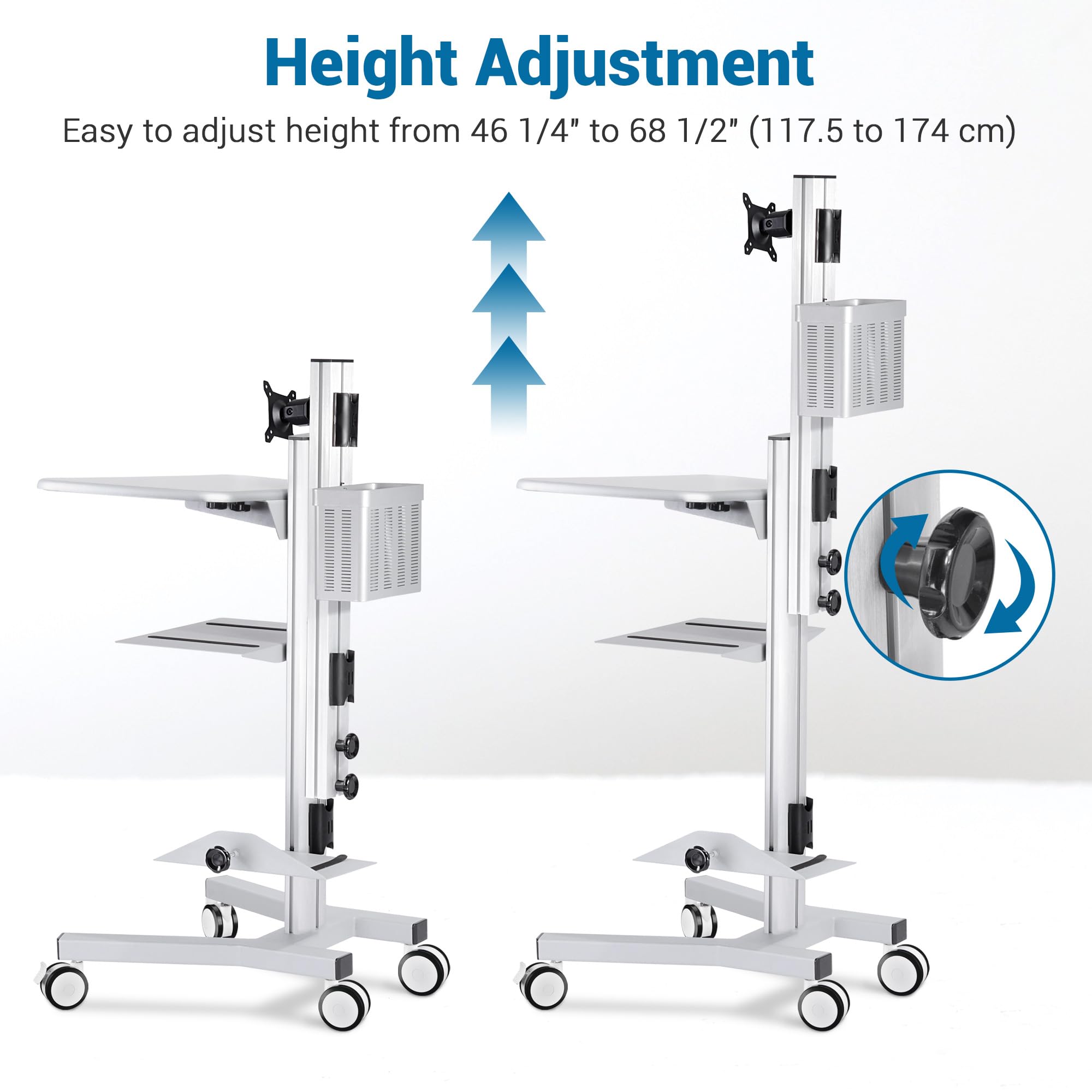 Adjustable Mobile Computer Cart with Monitor Mount & Keyboard Tray - Portable Rolling Workstation for PC, TV, Printer & CPU - Silver | Perfect for Home Office, Meetings & Retail Shops