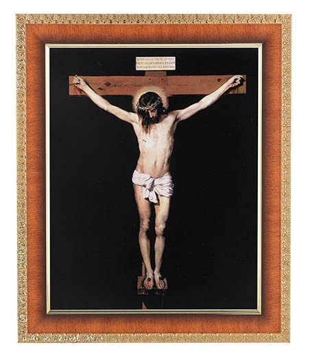 Religious Wall Art - Large Crucifixion Picture Framed Decor in Lacquered Mahogany with Gold-Leaf Egg & Dart Edge - Perfect for Church, Home Chapel or Christian Gift
