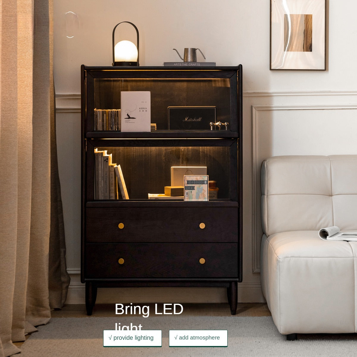 Solid Oak Wood Side Cabinet - Black Finish | Stylish Storage for Living Room, Bedroom, or Office