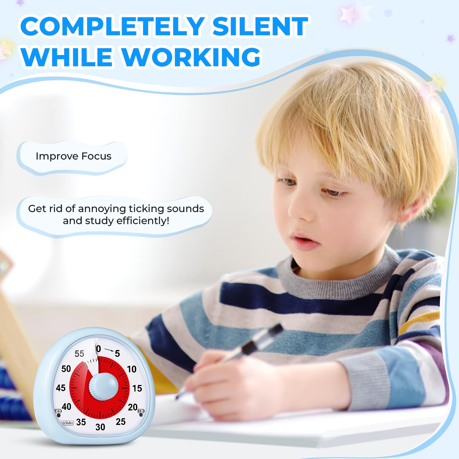 Rechargeable 60-Minute Visual Timer for Kids - Silent Countdown Clock, Time Management Tool for Classroom, Kitchen, Bathroom, Homework & Study (Blue) - Perfect for Focus, Chores & Learning Activities