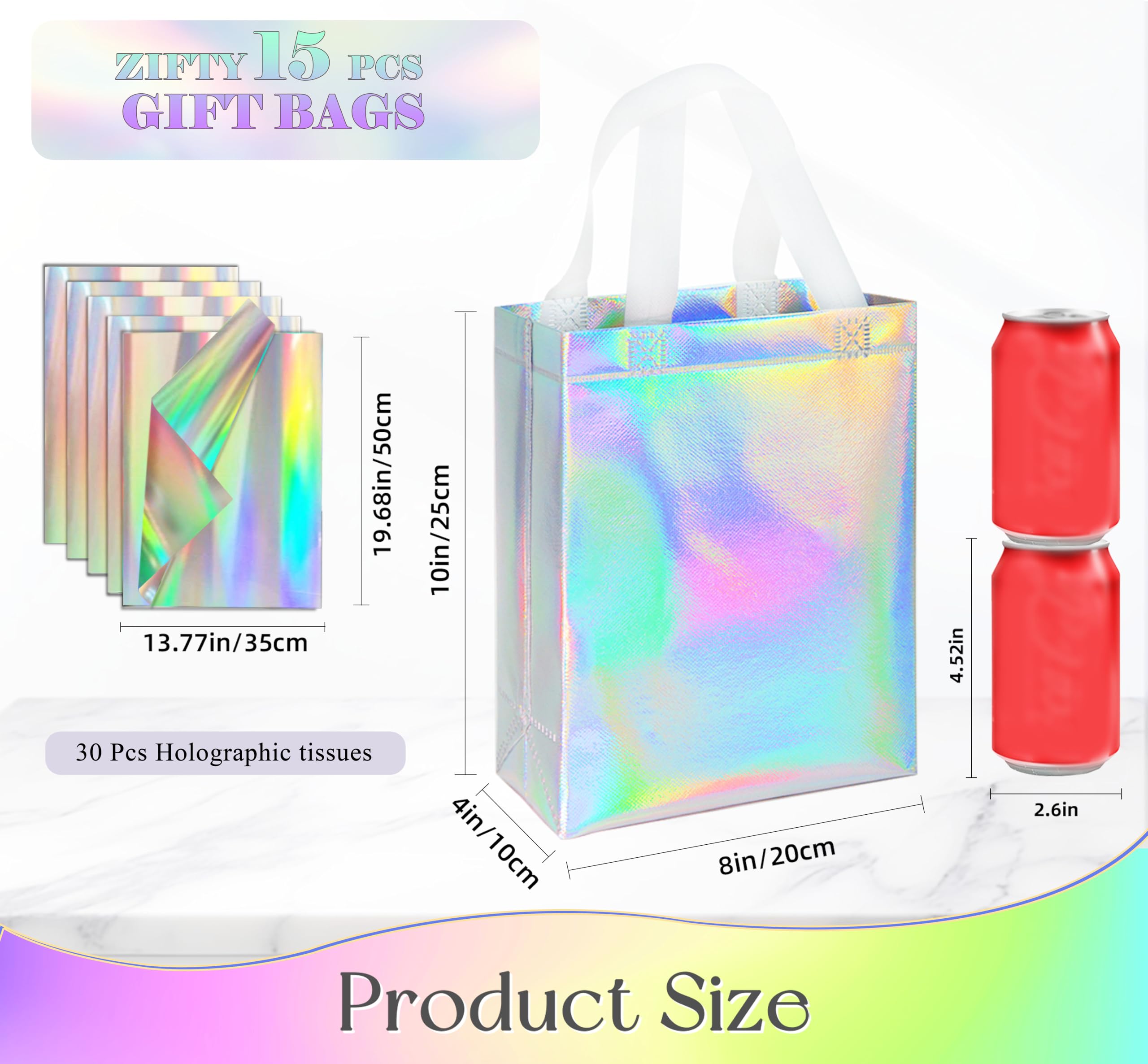 ZIFTY 15 Pcs Reusable Large Gift Bags with Handles - Bulk Non-Woven Goodie Bags with 30 Holographic Tissues for Easter, Birthday, Wedding & Holiday Party Favors (8